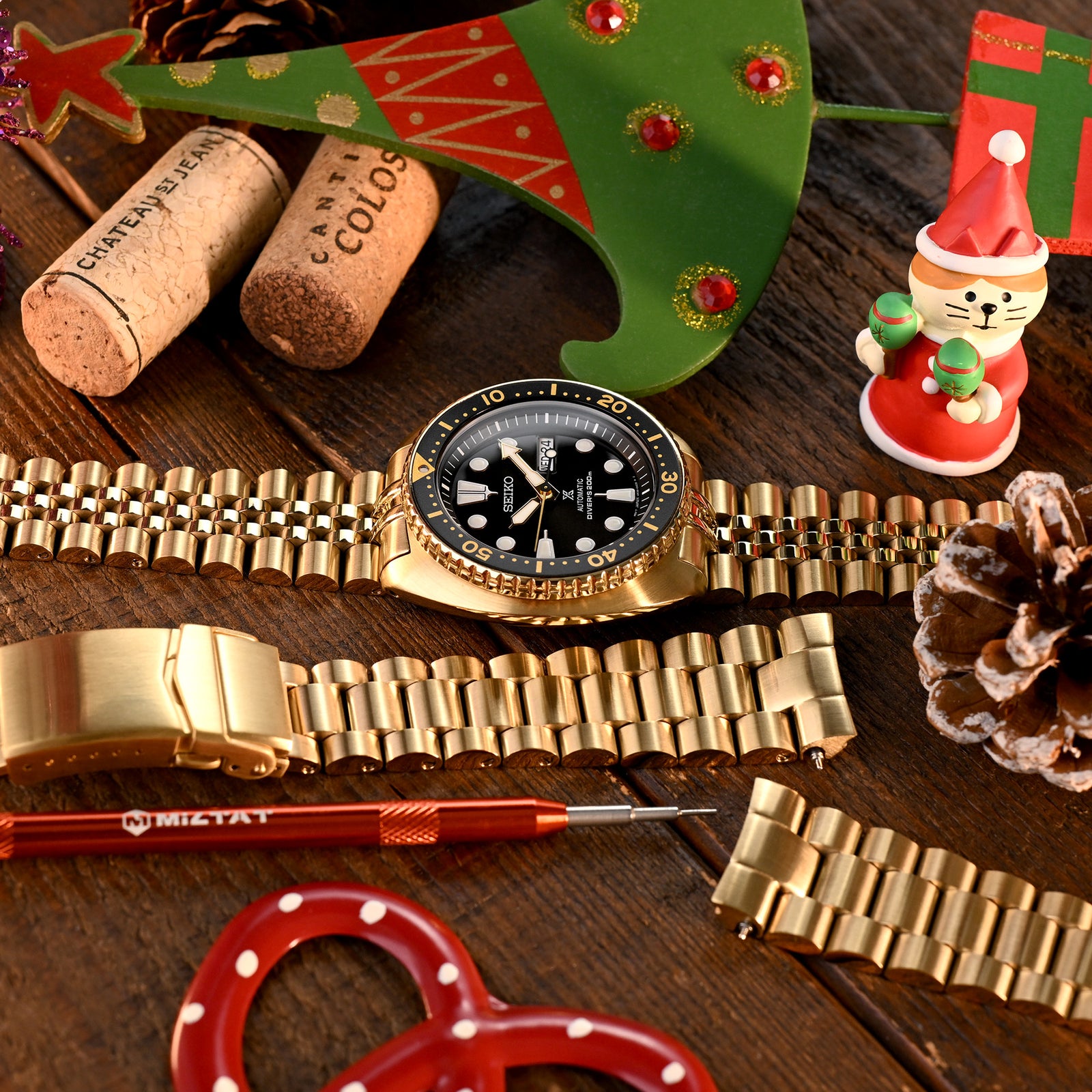 Cinturino Endmill 22mm compatibile con Seiko Gold Turtle SRPC44, acciaio inox 316L, chiusura SUB, finitura oro IP completa