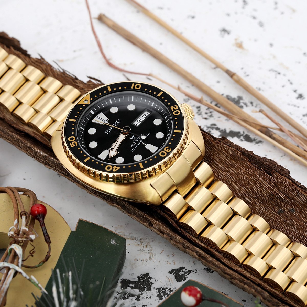 22mm Endmill Uhrenarmband kompatibel mit Seiko Gold Turtle SRPC44, 316L Edelstahl SUB-Schließe, komplett IP-Gold