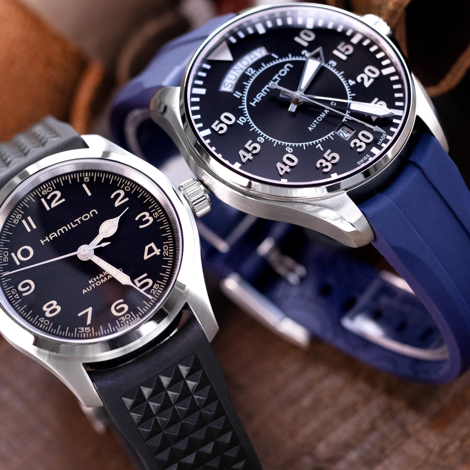 FKM watch straps with resilient curved ends pair Hamilton Khaki Field watches from Strapcode