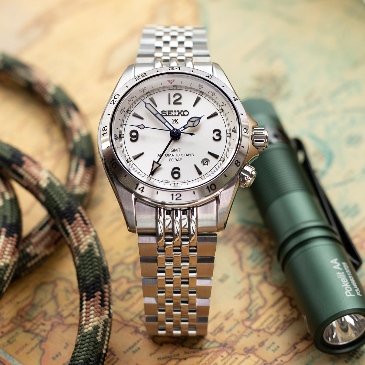 Bracelet Asteroid 20mm pour Seiko Alpinist SARB017 SPB155 SBEJ005 (compatible Hamilton Khaki H70455733), acier inoxydable - Maillons centraux polis, boucle V Diver