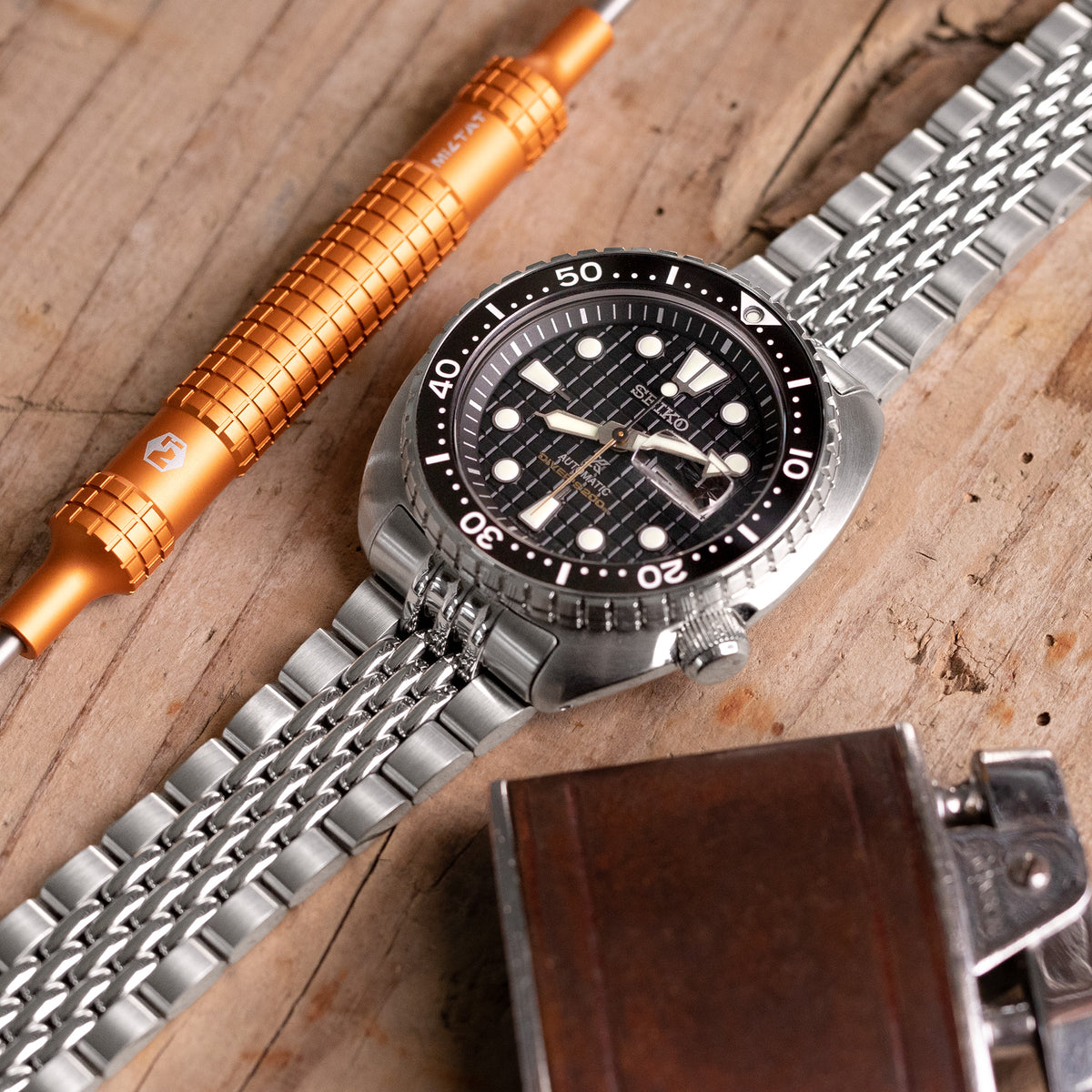 Bracelet-montre Goma BOR 22mm pour Seiko New Turtles SRP777 SRP775 SRPA21 (PADI), acier inoxydable - brossé, maillons centraux polis, boucle V Diver