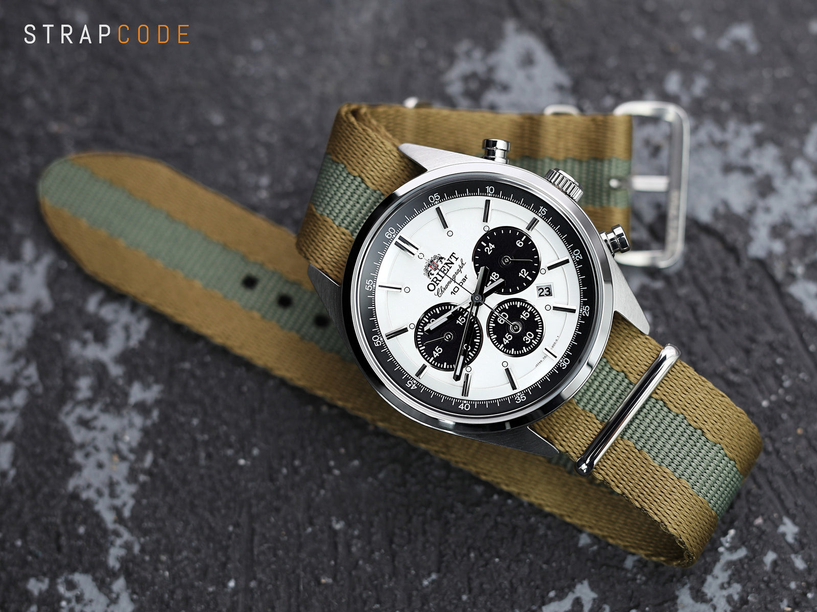 Orient Panda Neo 70s Chronograph pairs Military style One-piece Watch Strap from Strapcode 