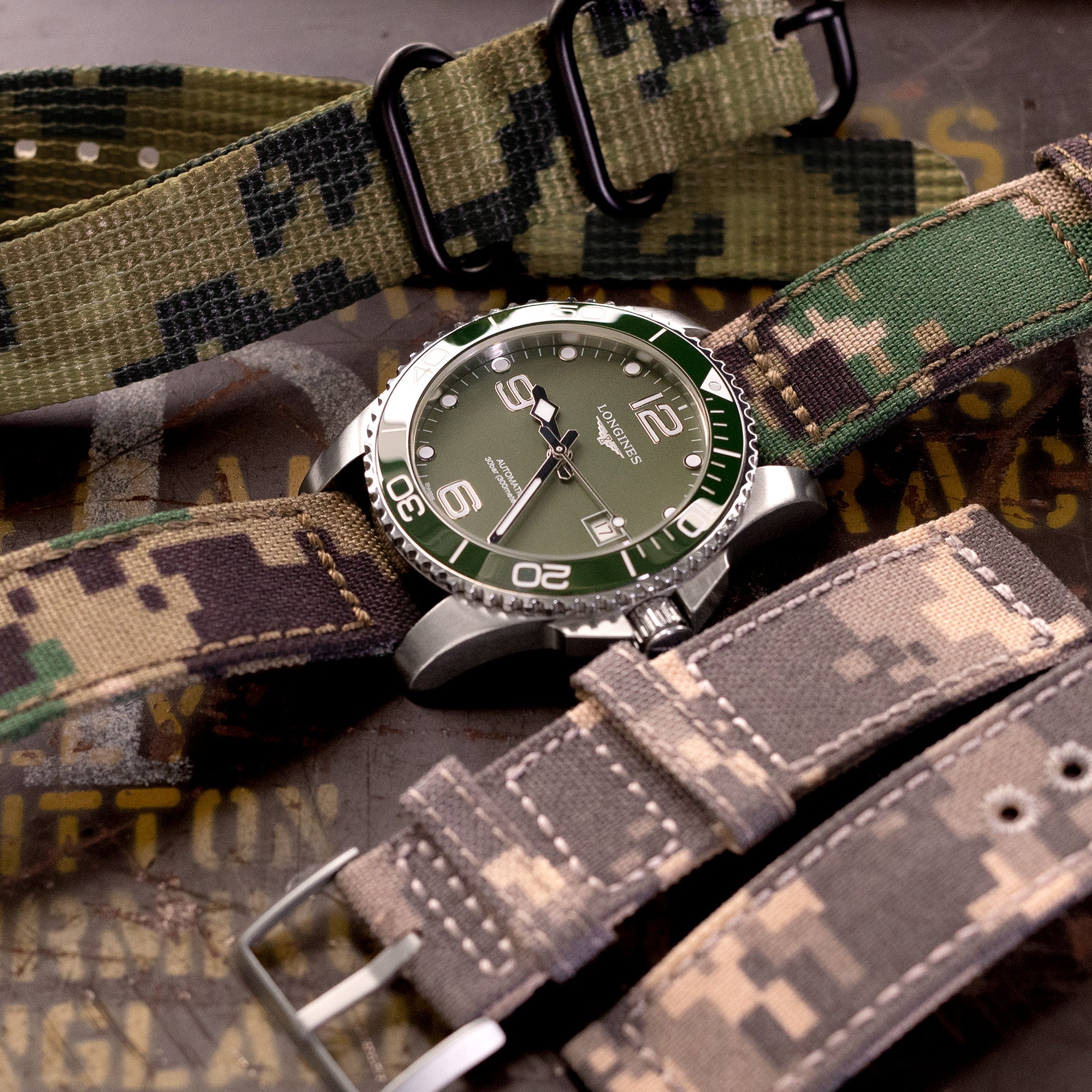 20mm, 21mm or 22mm MiLTAT WW2 2-piece Woodland Camo Cordura 1000D Armband with lockstitch round hole, Polished