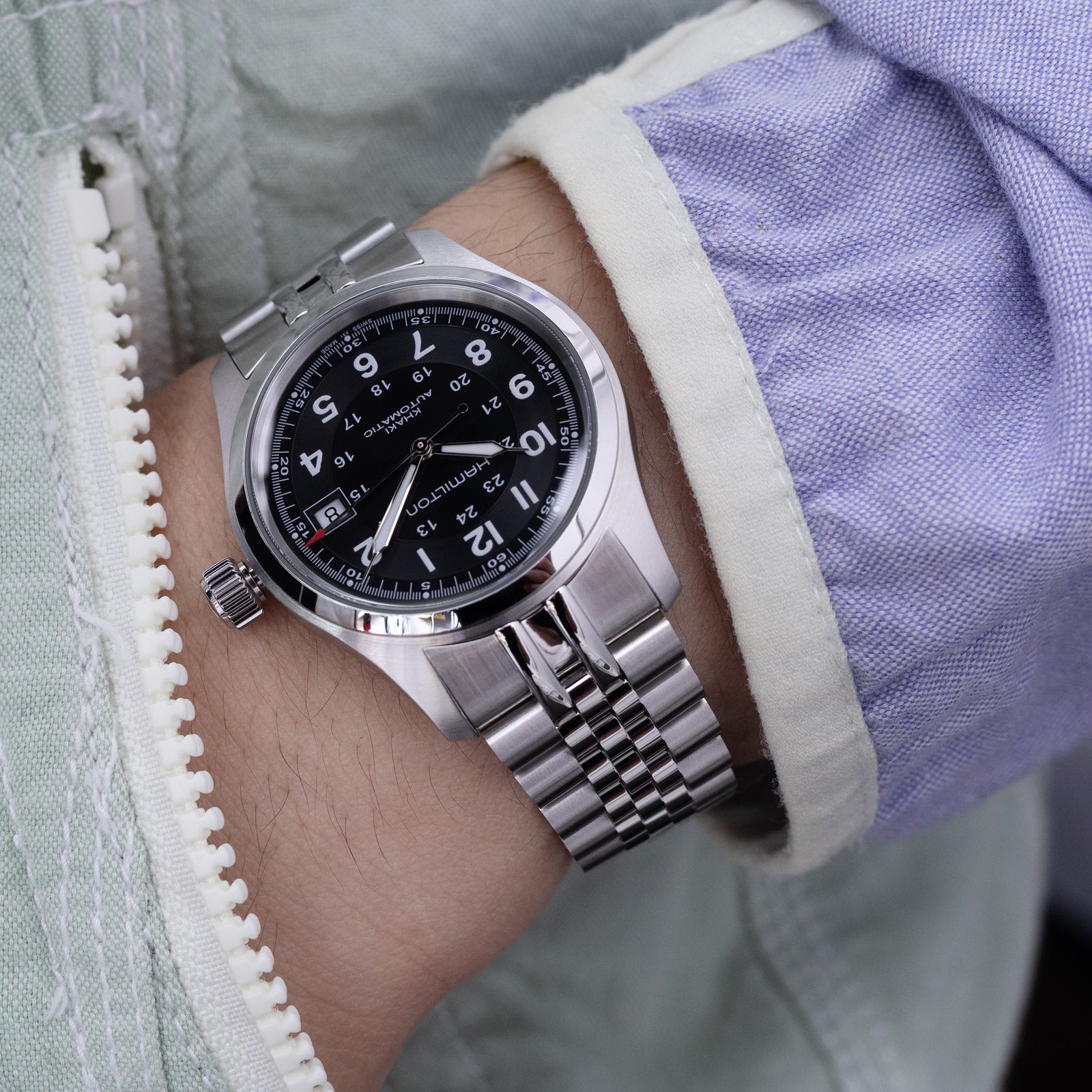 Bracelet 20mm Super-JUB II pour Seiko Alpinist SARB017 SPB155 SBEJ005 (compatible Hamilton Khaki H70455733), acier inoxydable - Maillons centraux polis, boucle V Diver