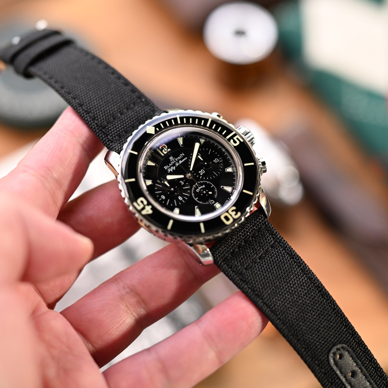 Q.R. Bracelet de montre en toile noire avec doublure en cuir, 19mm, 20mm ou 23mm