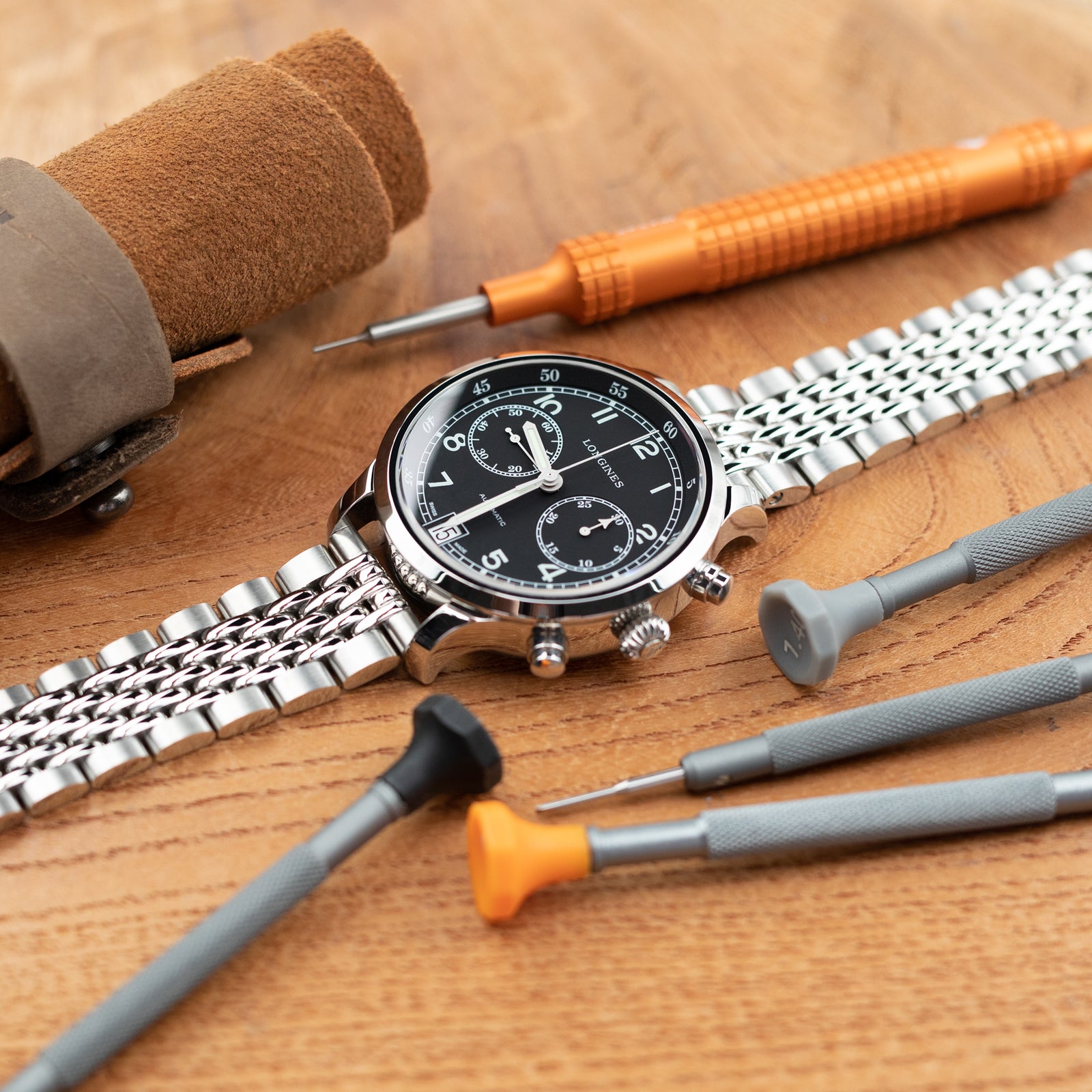 18mm, 19mm or 20mm Goma BOR Q.R. Watch Band Straight End, 316L Stainless Steel Brushed and Polished V-Clasp