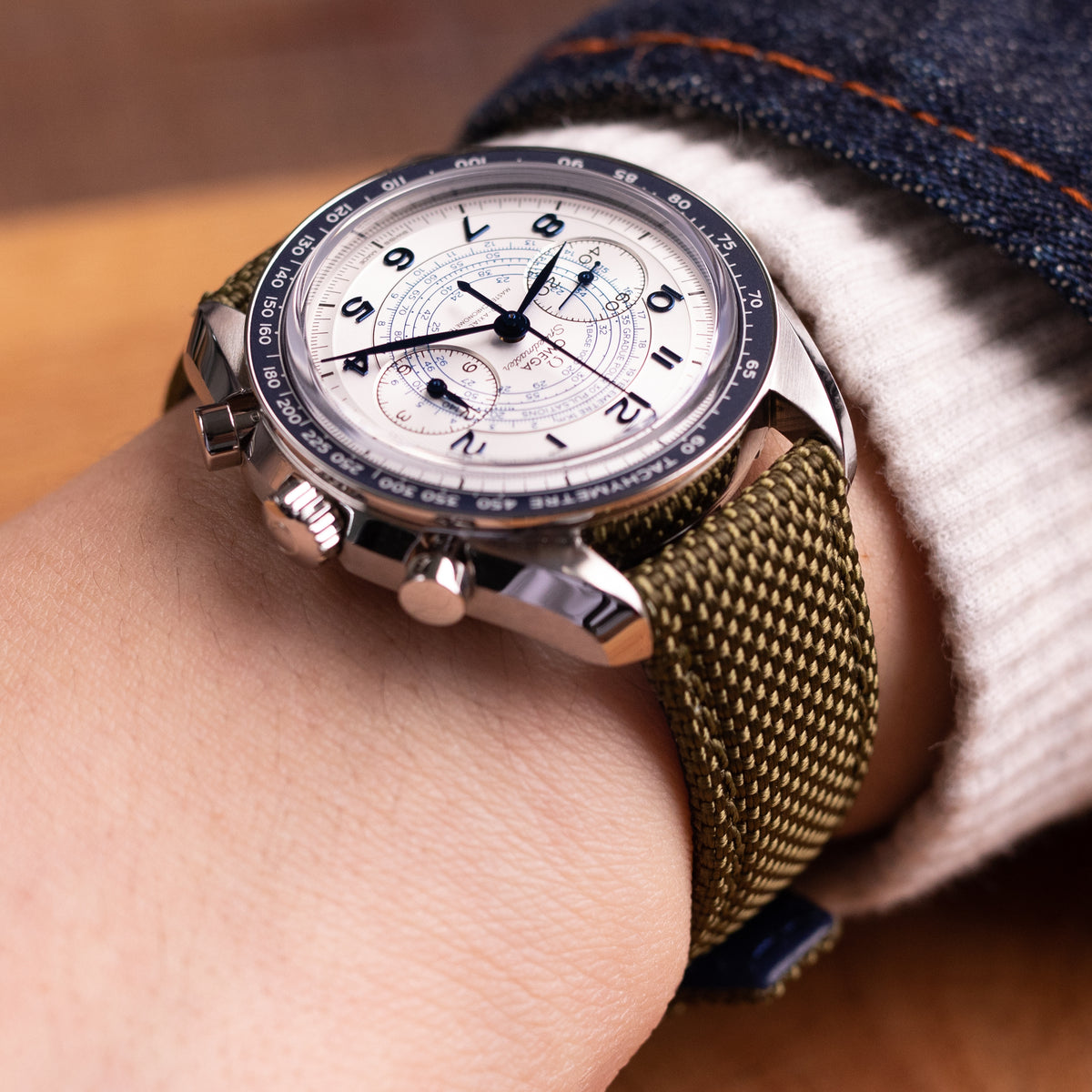 Bracelet de montre en nylon tissé vert militaire à texture prononcée, 20mm, 21mm ou 22mm, finition brossée