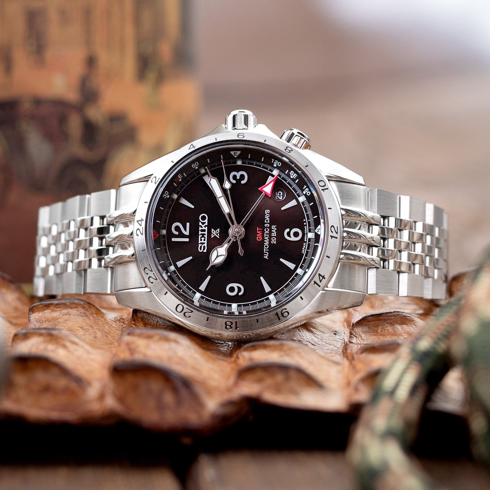 Bracelet Asteroid 20mm pour Seiko Alpinist SARB017 SPB155 SBEJ005 (compatible Hamilton Khaki H70455733), acier inoxydable - Maillons centraux polis, boucle V Diver
