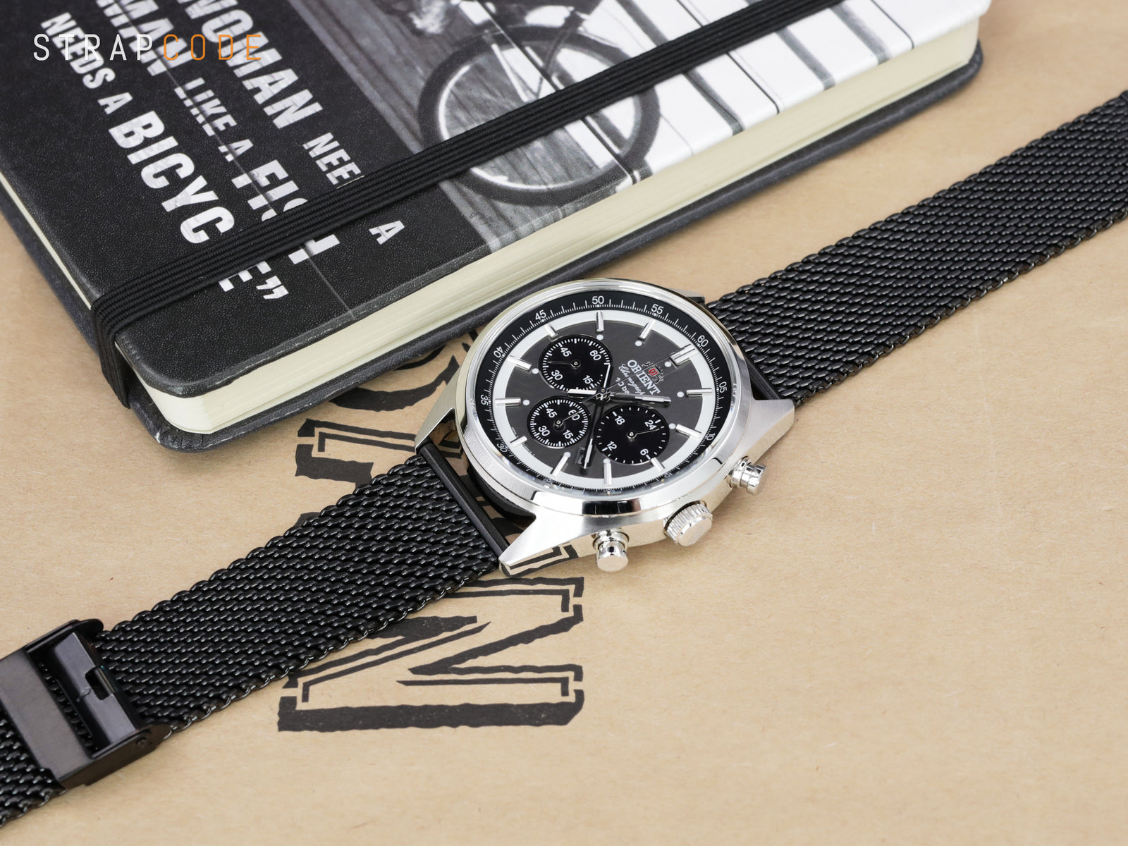 Orient Panda Neo 70s Chronograph pairs Milanese Mesh Watch Band with PVD Black hardware from Strapcode 
