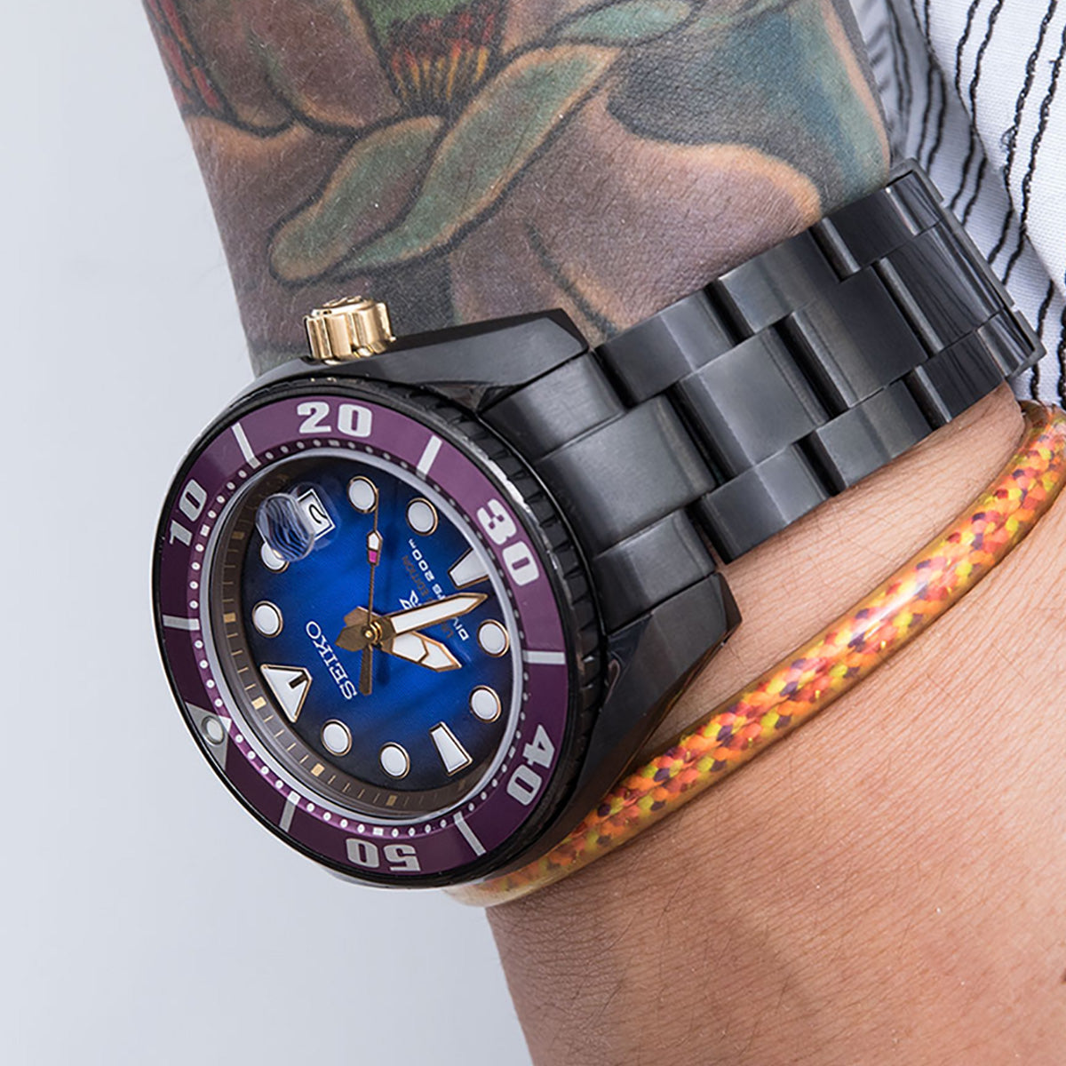 20mm Super-O Boyer Uhrenarmband für Seiko Sumo SBDC001 SBDC031 SBDC081, Edelstahl - Gebürstet (DLC) Schwarze Beschichtung, V Diver Schließe