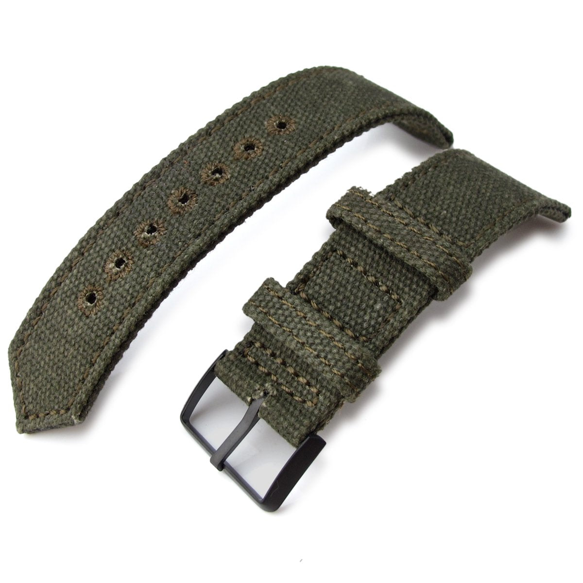 20mm 21mm or 22mm MiLTAT WW2 2-piece Military Green Washed Canvas Watch Band with lockstitch round hole PVD Black Strapcode Watch Bands