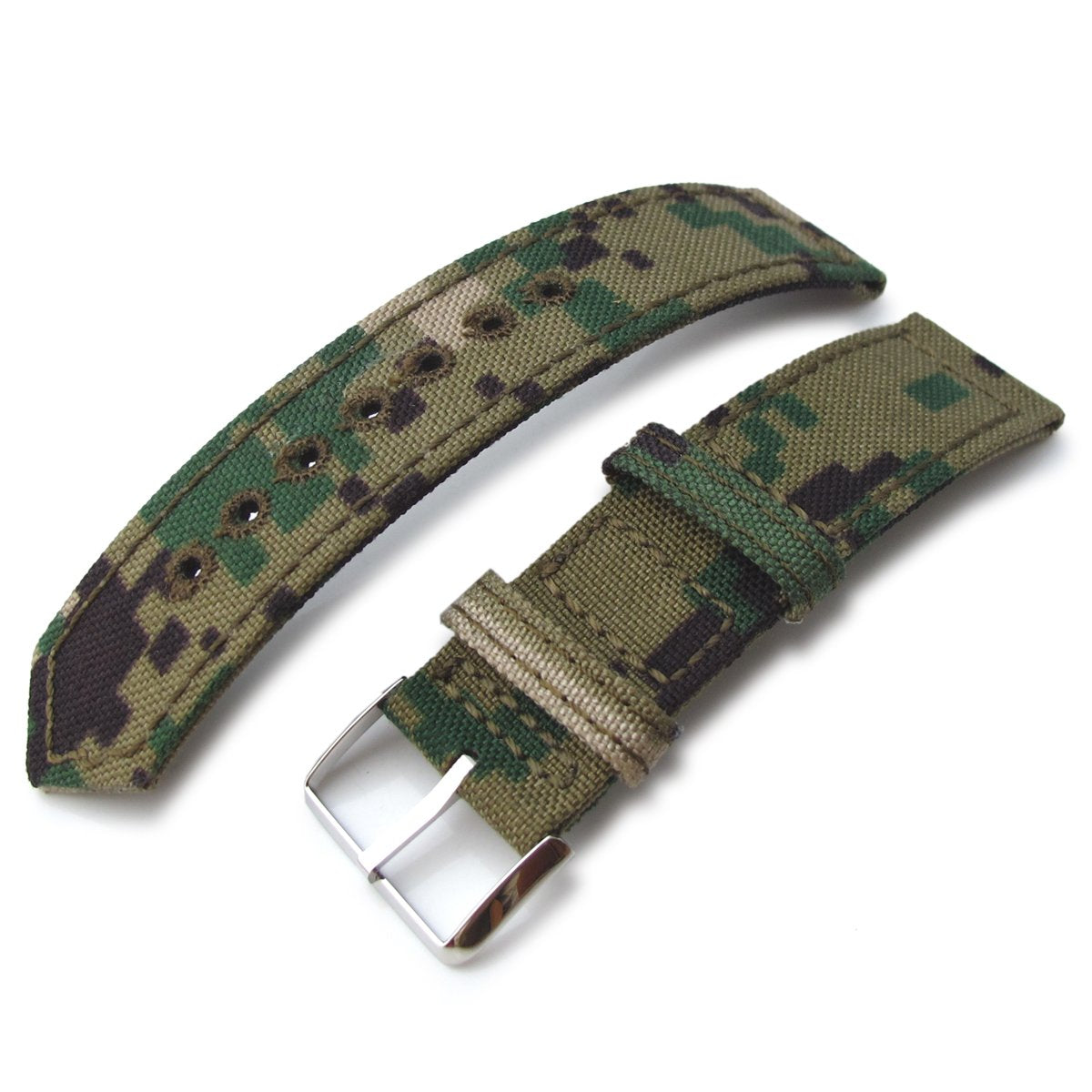 20mm 21mm or 22mm MiLTAT WW2 2-piece Woodland Camo Cordura 1000D Watch Band with lockstitch round hole Polished Strapcode Watch Bands