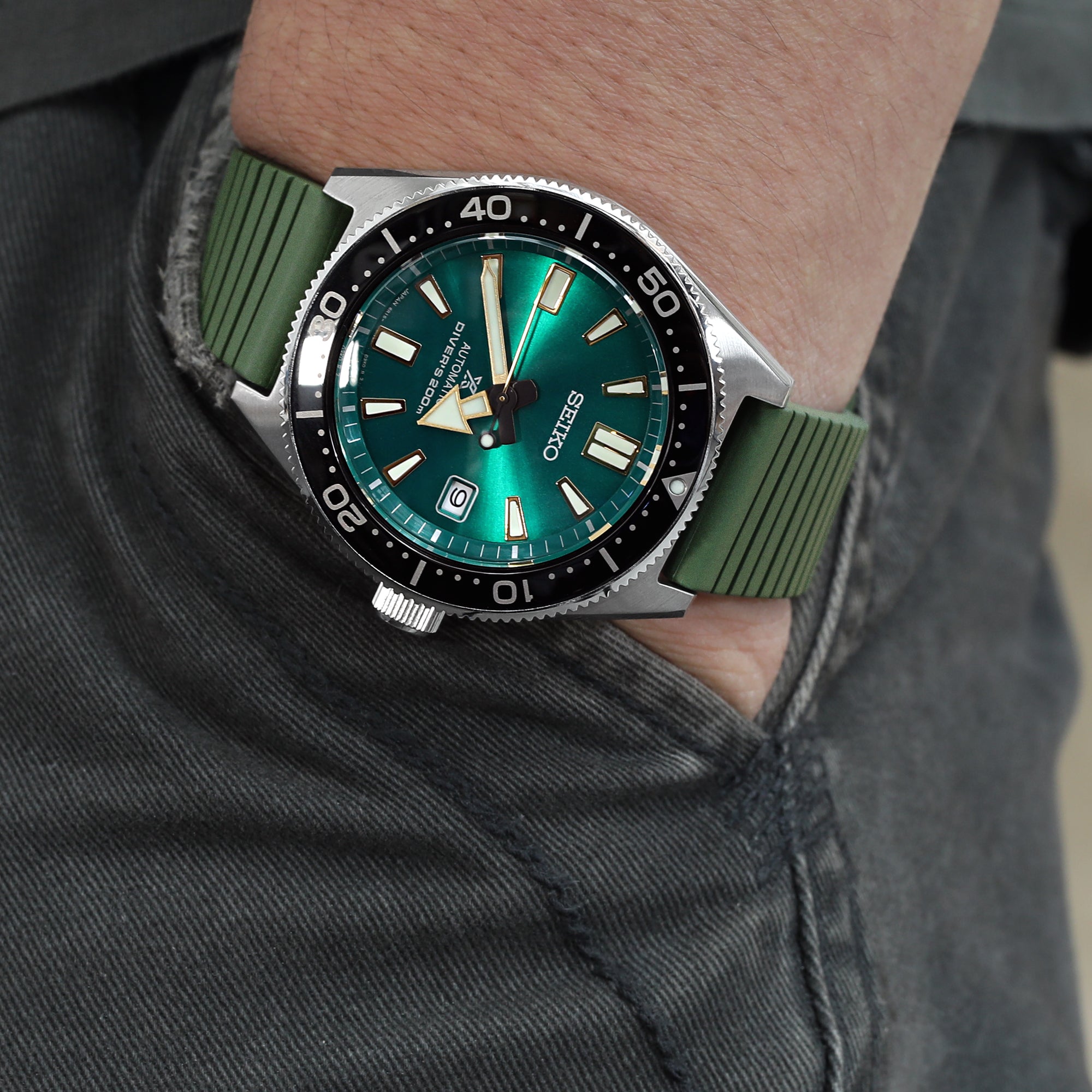 Seiko Prospex Limited Edition Sea Green SPB081J1 (SBDC059) reissue 62MAS FKM Rubber watch band by Strapcode