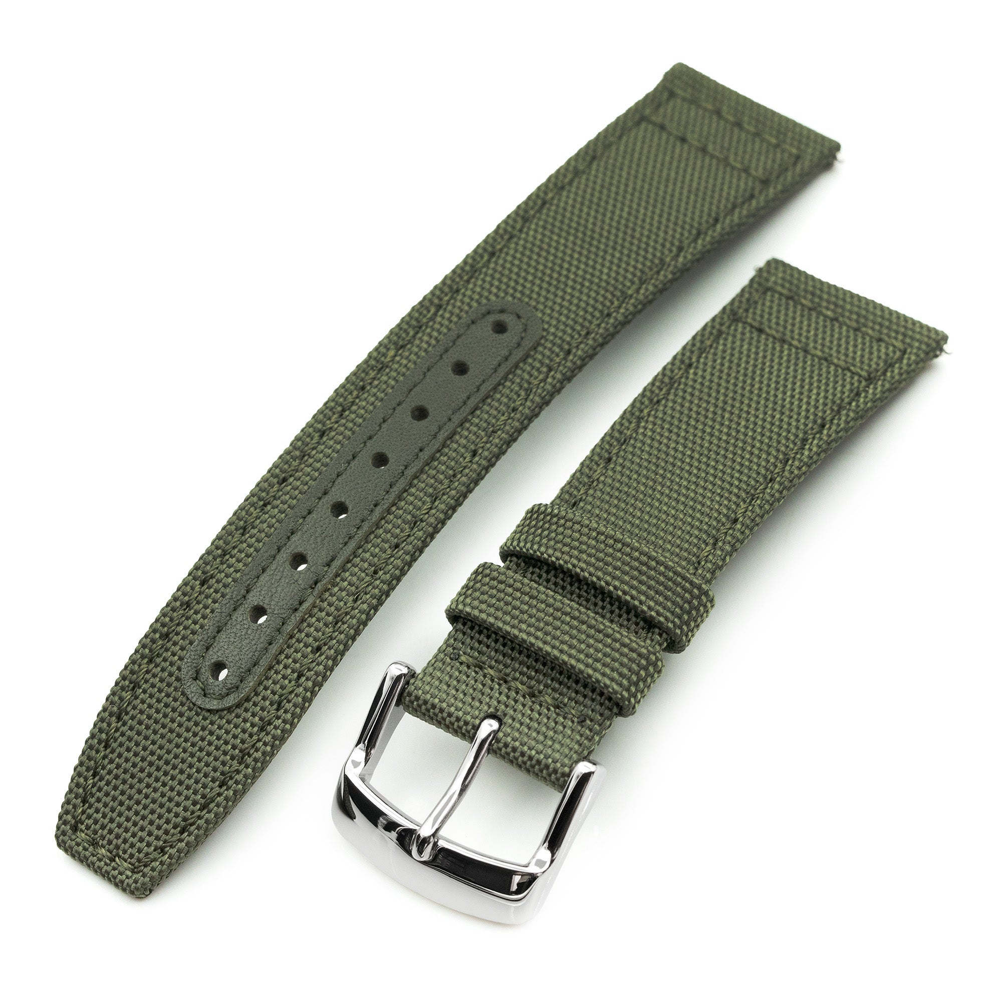 Q.R. Military Green Sailcloth Watch Band with leather lining, 19mm, 20mm or 23mmStrapcode watch bands