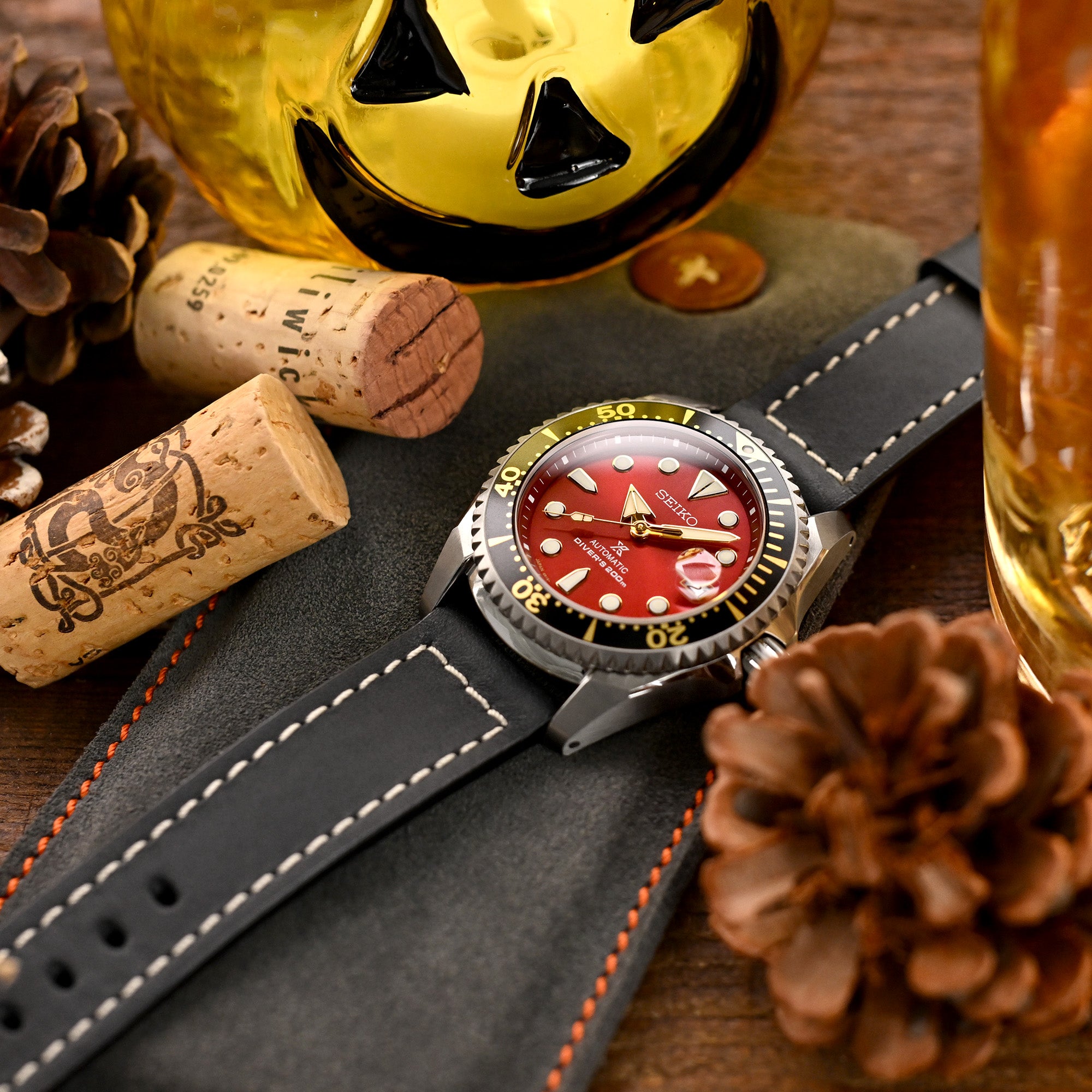 Pam Collection, Black French Crafted Barenia Leather Watch Strap for Panerai, Beige Stitching