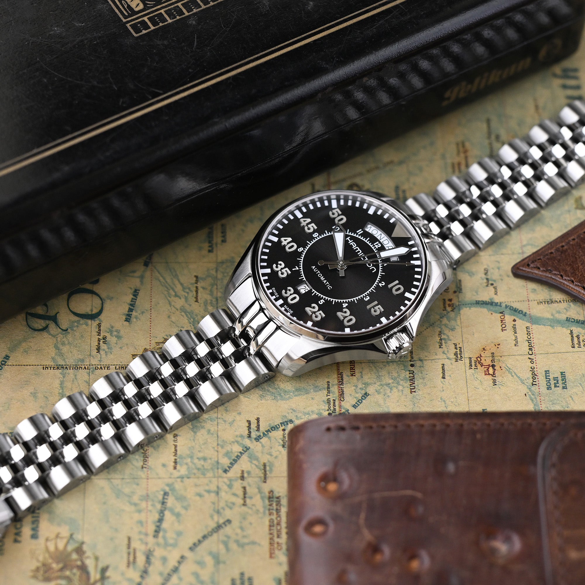 20mm Angus-J Louis JUB Watch Band for Seiko Alpinist SARB017 SPB155 SBEJ005 (compatible with Hamilton Khaki H70455733), Stainless Steel - Polished Center Links, V Diver Clasp