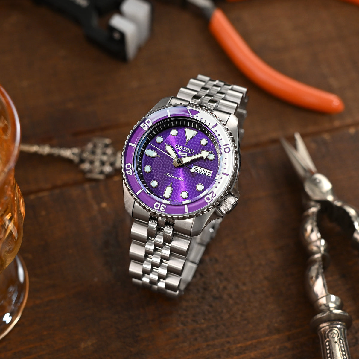 22mm Angus-J Louis JUB Uhrenarmband für Seiko 5 Sports 42,5mm SRPD51 SRPD55 SBSA003, Edelstahl - Gebürstet, V Diver Schließe