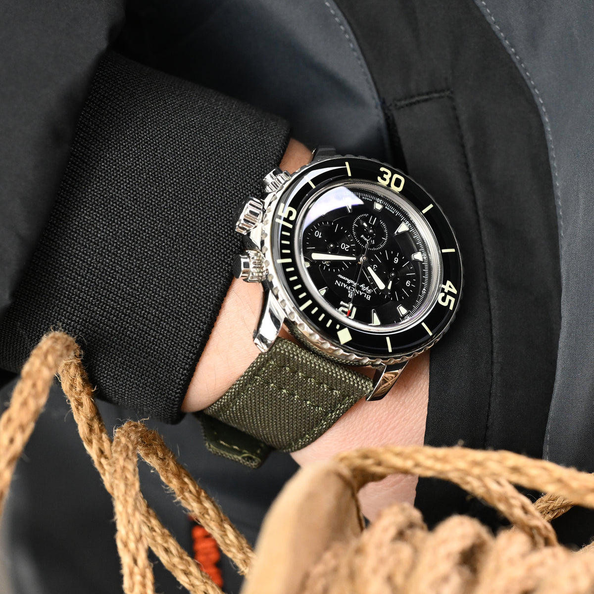 Q.R. Military Green Sailcloth Watch Band with leather lining, 19mm, 20mm or 23mm