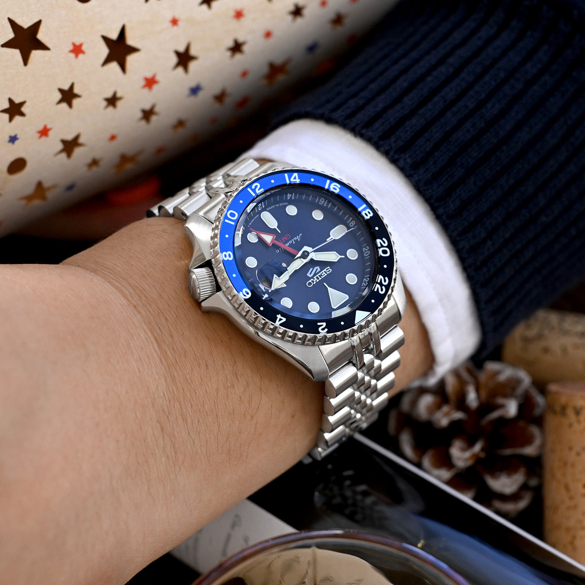 22mm Super-J Louis JUB Uhrenarmband für Seiko 5 Sports GMT SSK001 SSK003 SBSC003, Edelstahl - Gebürstet mit polierter Mitte, V Diver Schließe