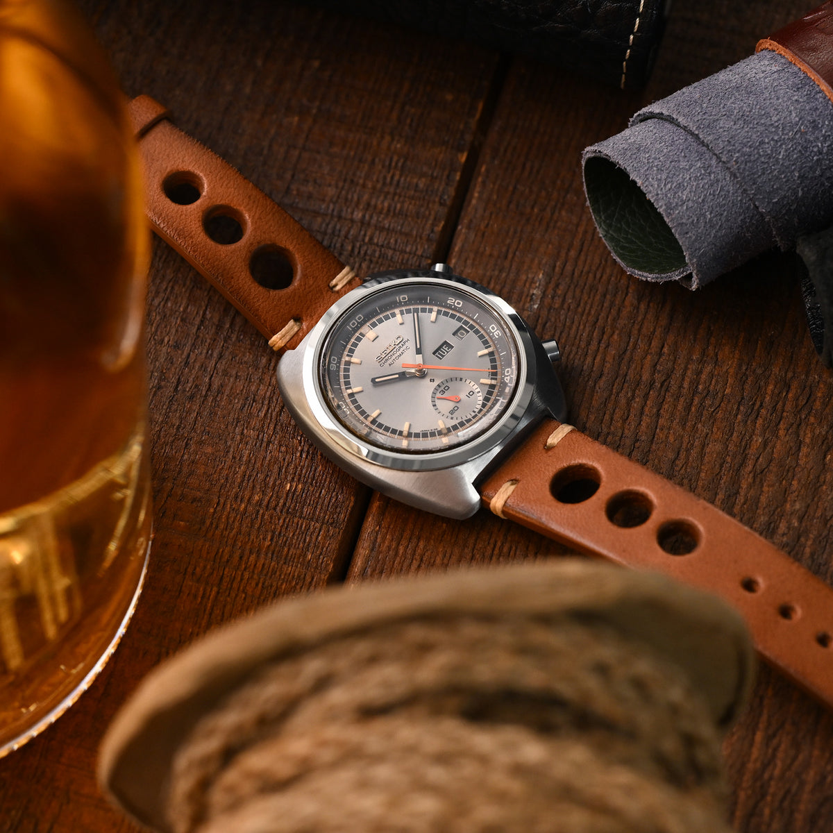 Q.R. 19mm or 20mm Brown Leather Italian Handmade Racer Watch Band, Beige Stitch.