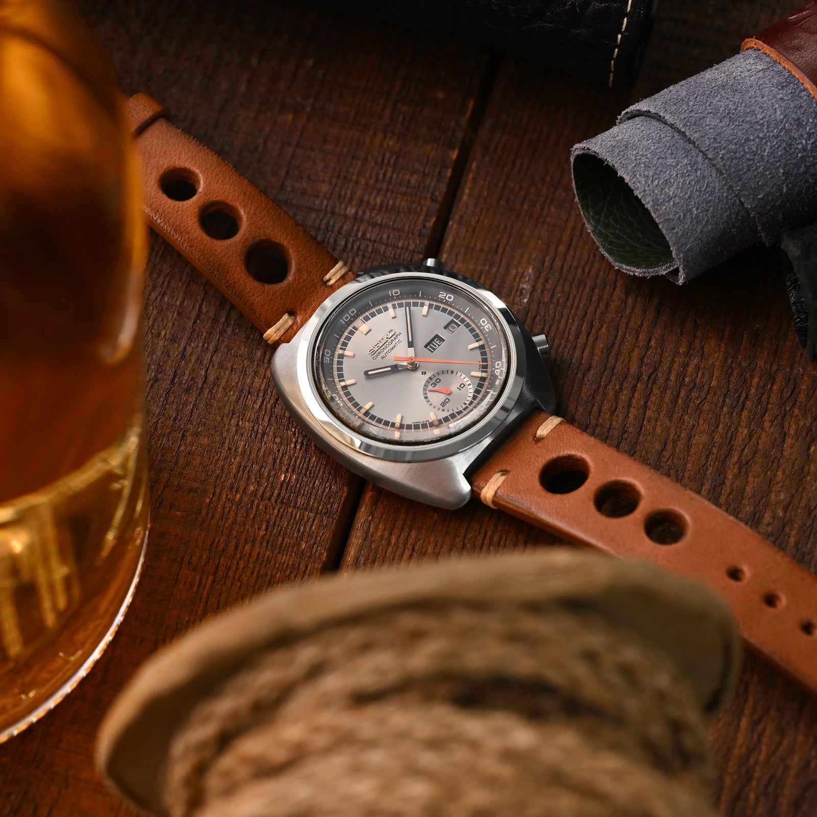 Q.R. 19mm or 20mm Brown Leather Italian Handmade Racer Watch Band, Beige Stitch.