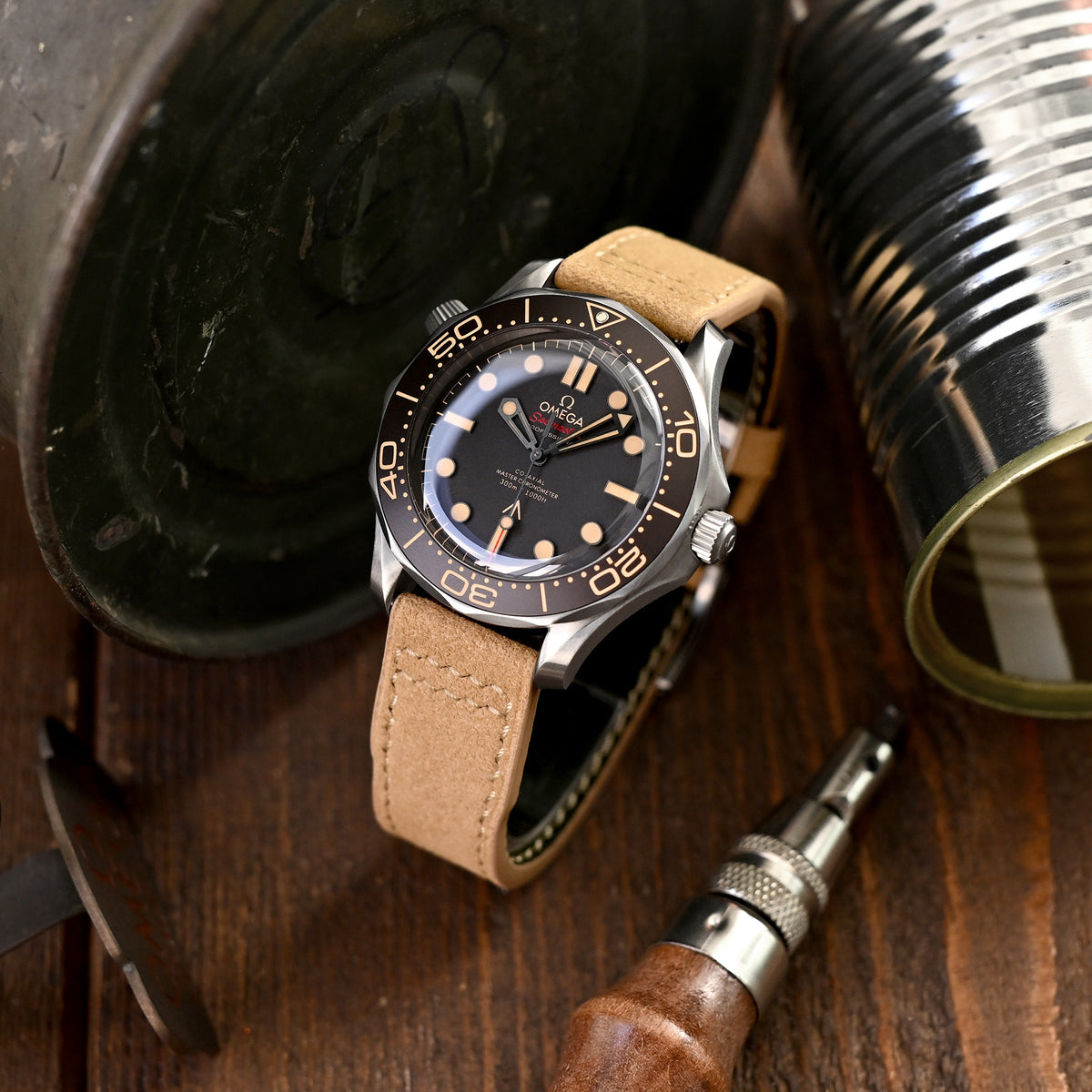 Khaki Alcantara Fabric Quick Release Watch Band, Beige Stitching, 20mm, 21mm or 22mm