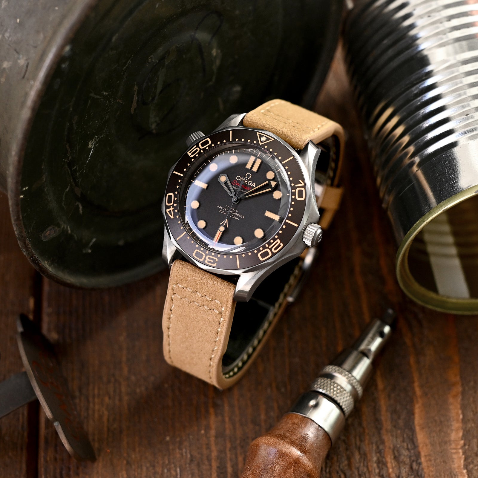 Khaki Alcantara Fabric Quick Release Watch Band, Beige Stitching, 20mm, 21mm or 22mm