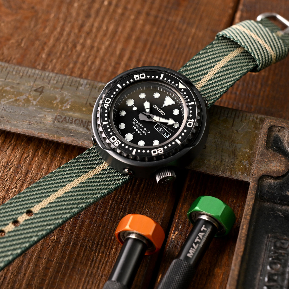 Correa de reloj de nailon 22mm, 2 piezas, liberación rápida, verde y caqui, hebilla cepillada