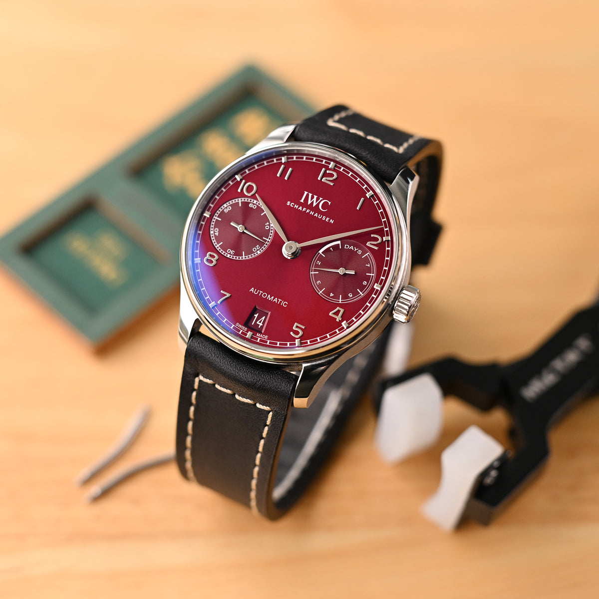 Pam Collection, Black French Crafted Barenia Leather Watch Strap for Panerai, Beige Stitching