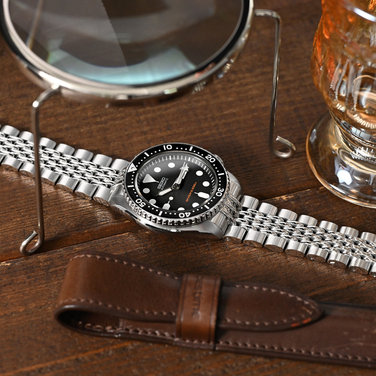 Bracelet montre Goma BOR 22mm pour Seiko SKX007 SKX009 SKX011, acier inoxydable - brossé, maillons centraux polis, boucle V Diver