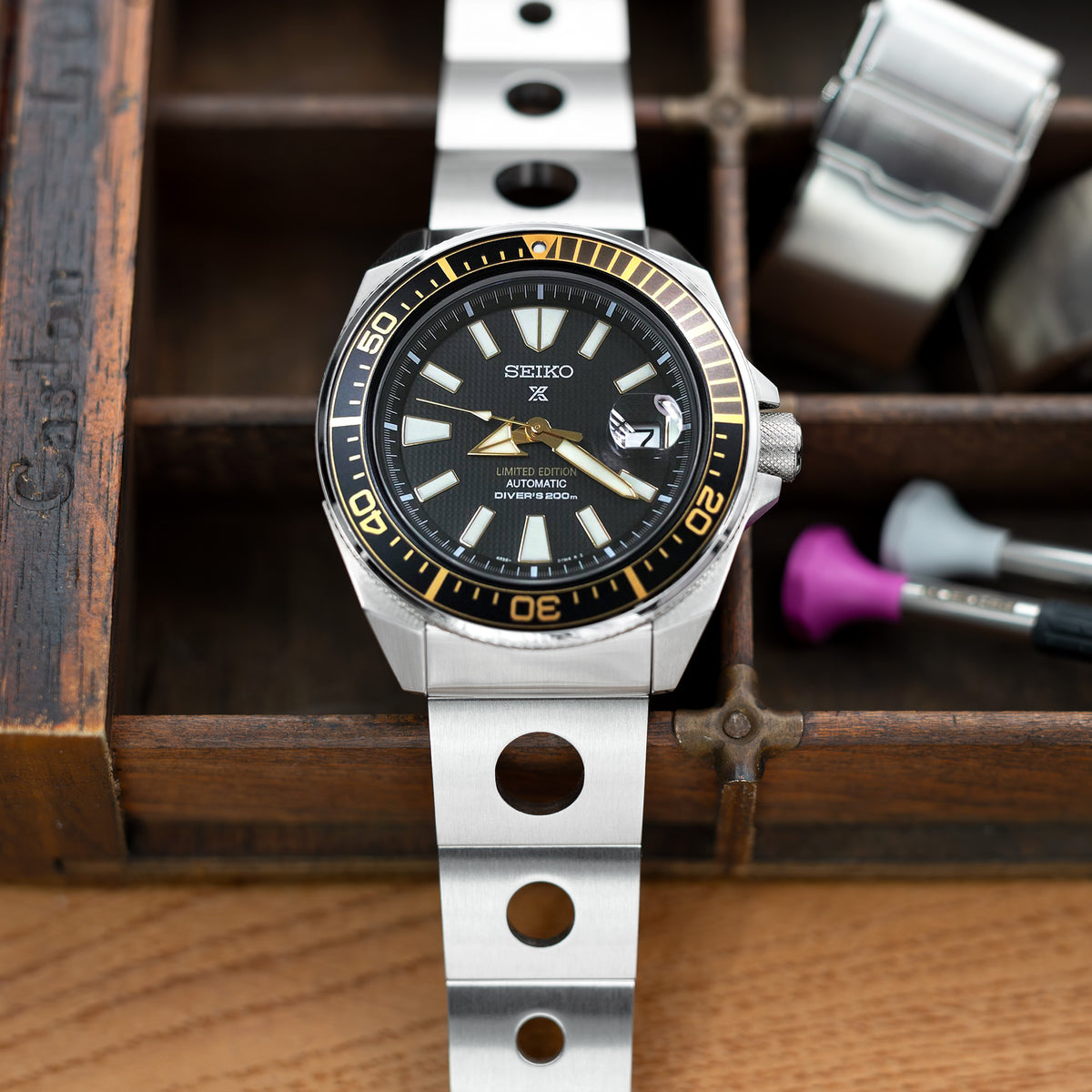 سوار ساعة رولبول 22 مم II لساعات سيكو ساموراي SRPB51 SRPB09 SRPC93، ستانلس ستيل - مصقول، مشبك غطاس باتون