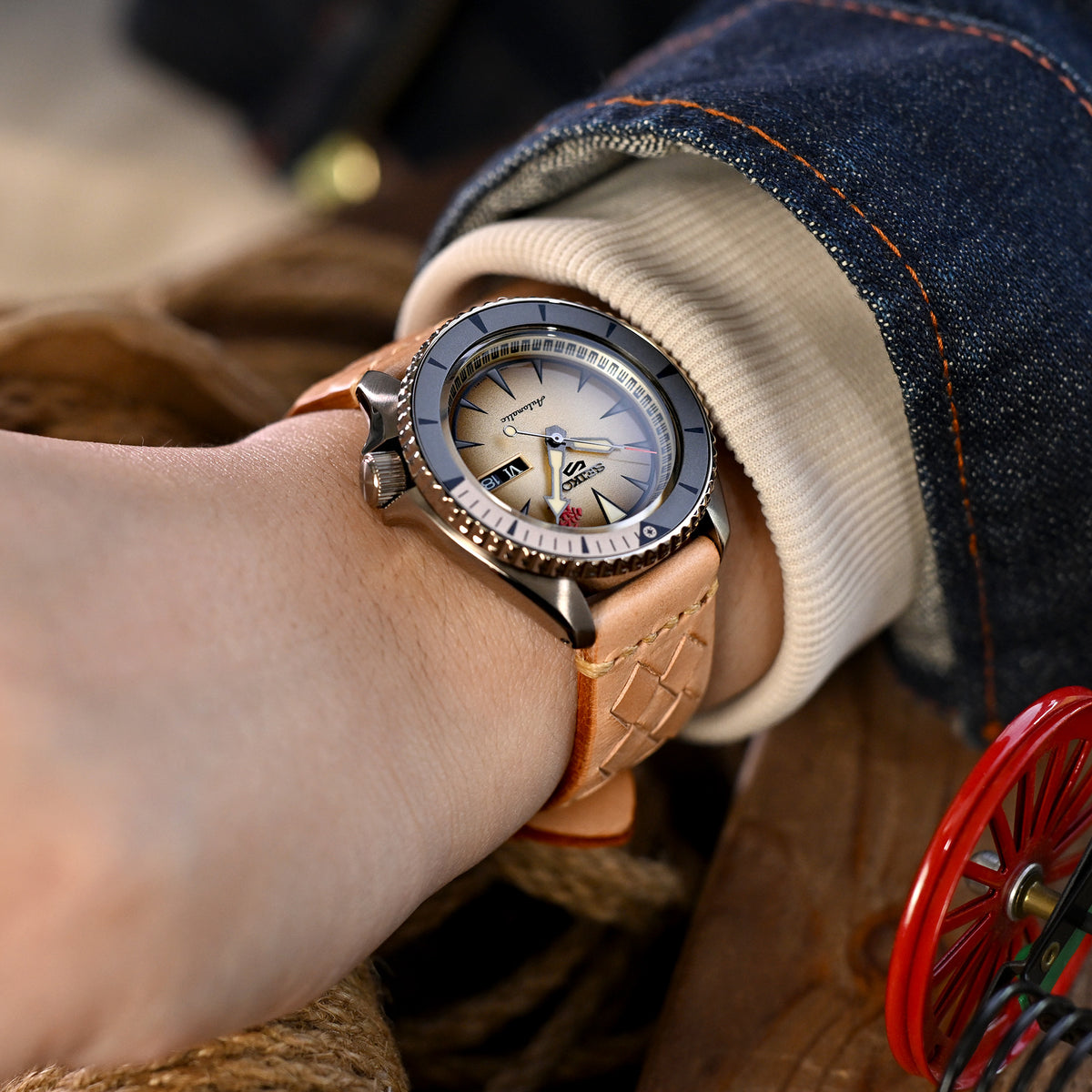 MiLTAT Zizz Collection 22mm Braided Calf Leather Watch Strap, LV Beige, Tan Stitches