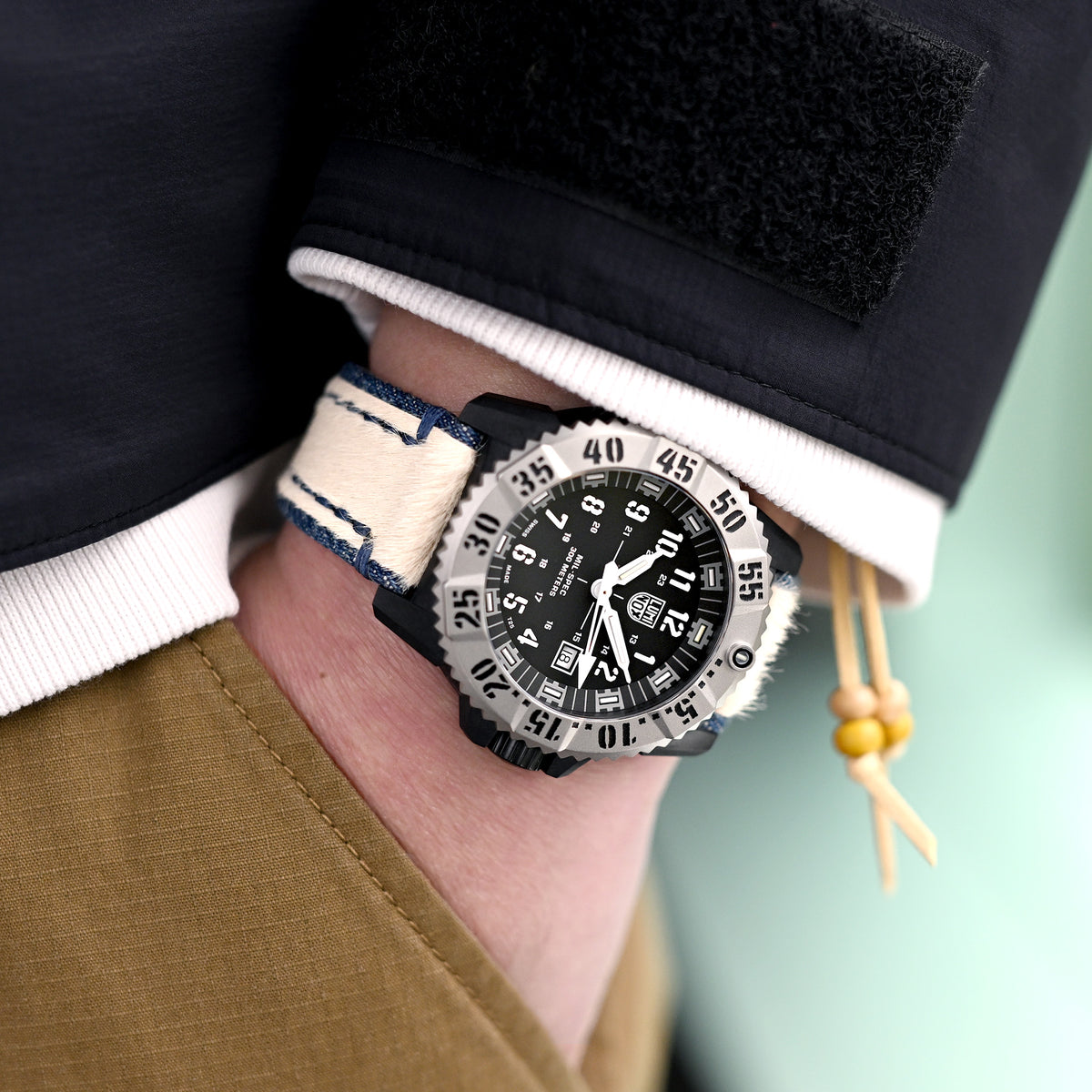 24mm MiLTAT Zizz Collection Beige Fur & Denim Watch Strap Blue Wax Hand Stitching