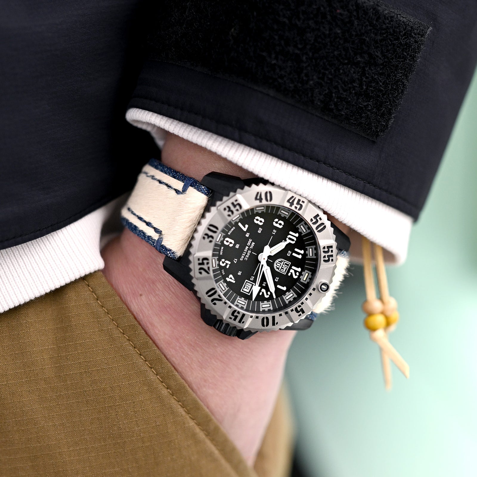 24mm MiLTAT Zizz Collection Beige Fur & Denim Watch Strap Blue Wax Hand Stitching