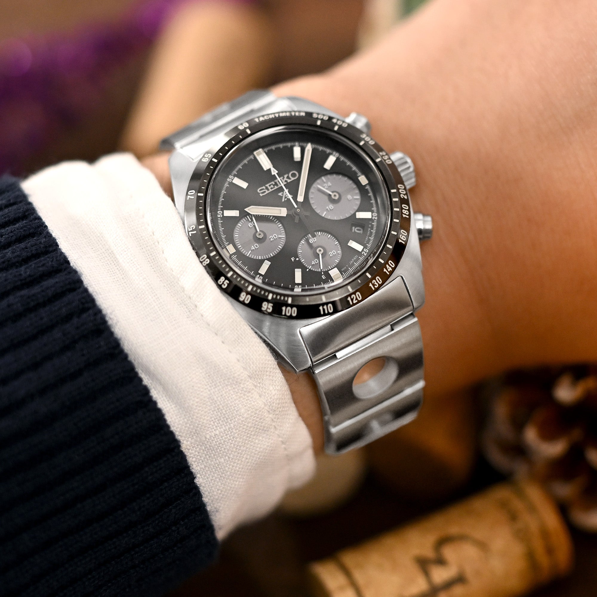 20mm Rollball II Watch Band for Seiko Prospex Speedtimer SSC813 SSC815 SSC817, Stainless Steel - Brushed, V Diver Clasp