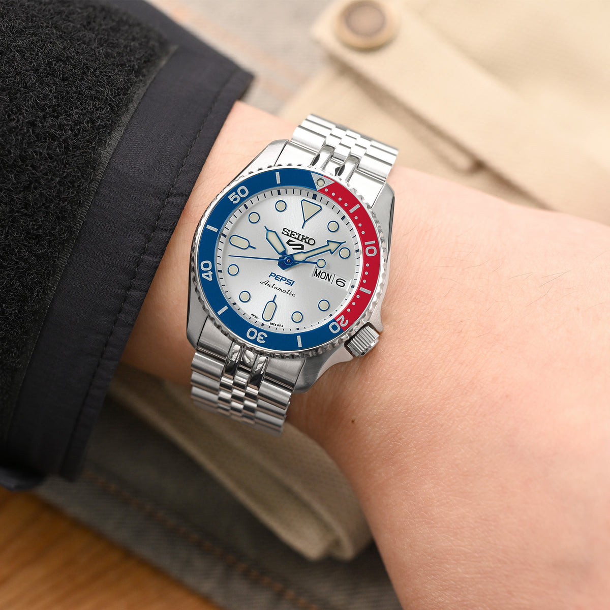 20mm Super-J Louis JUB Watch Band for Seiko 5 Sports 38mm SRPK29 SRPK31 SRPK33, Stainless Steel - Brushed with Polished Center, V Diver Clasp