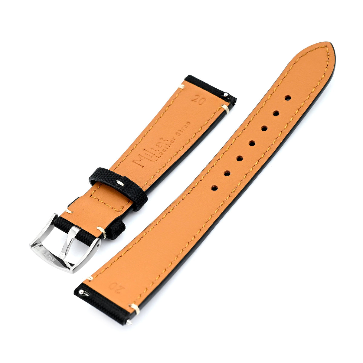 20mm Quick Release Black Woven Sailcloth Watch Band with Italian Leather Lining Strapcode