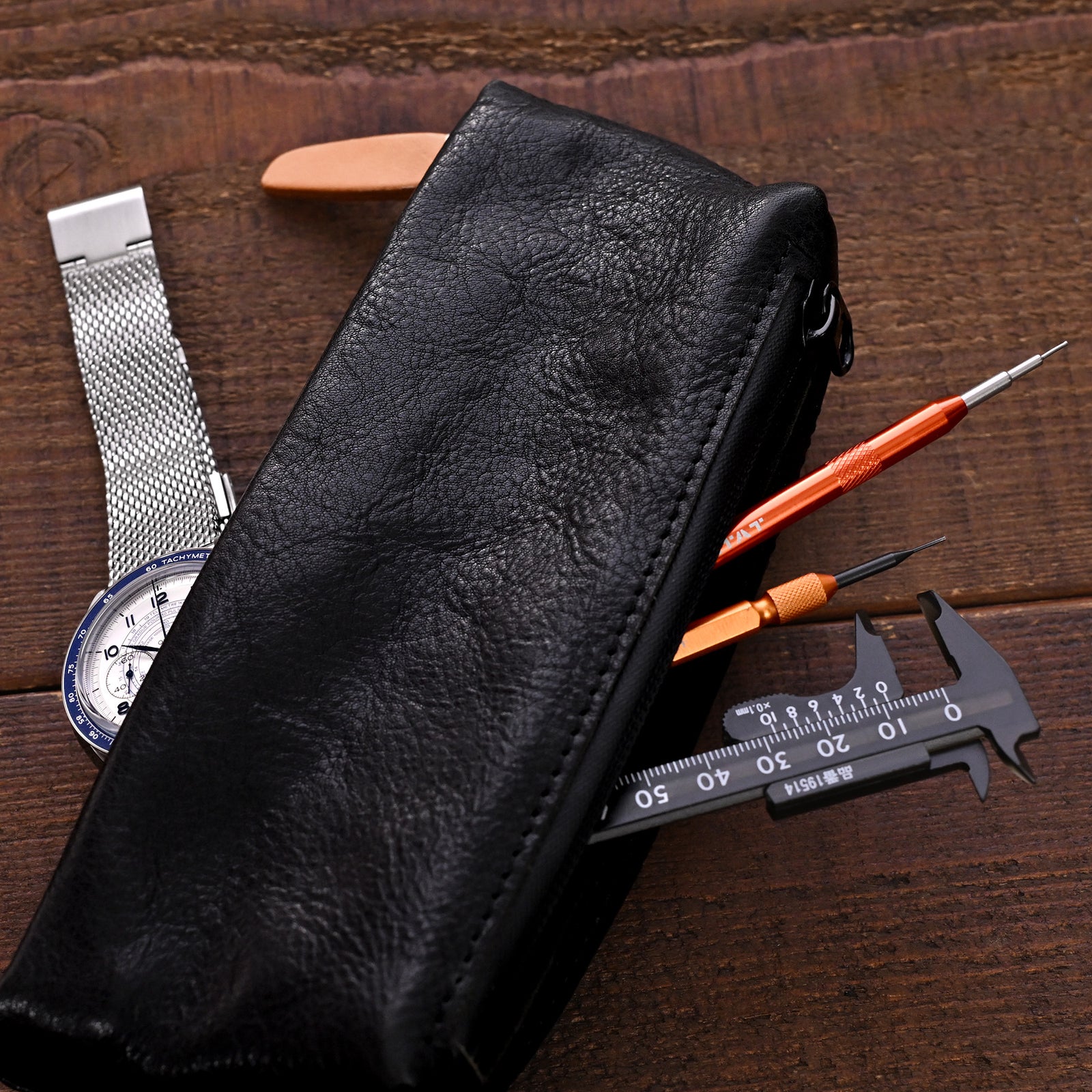 Travel Leather Zipper Watch Pouch, Two pockets storage for watch band and tools Strapcode Watch Bands