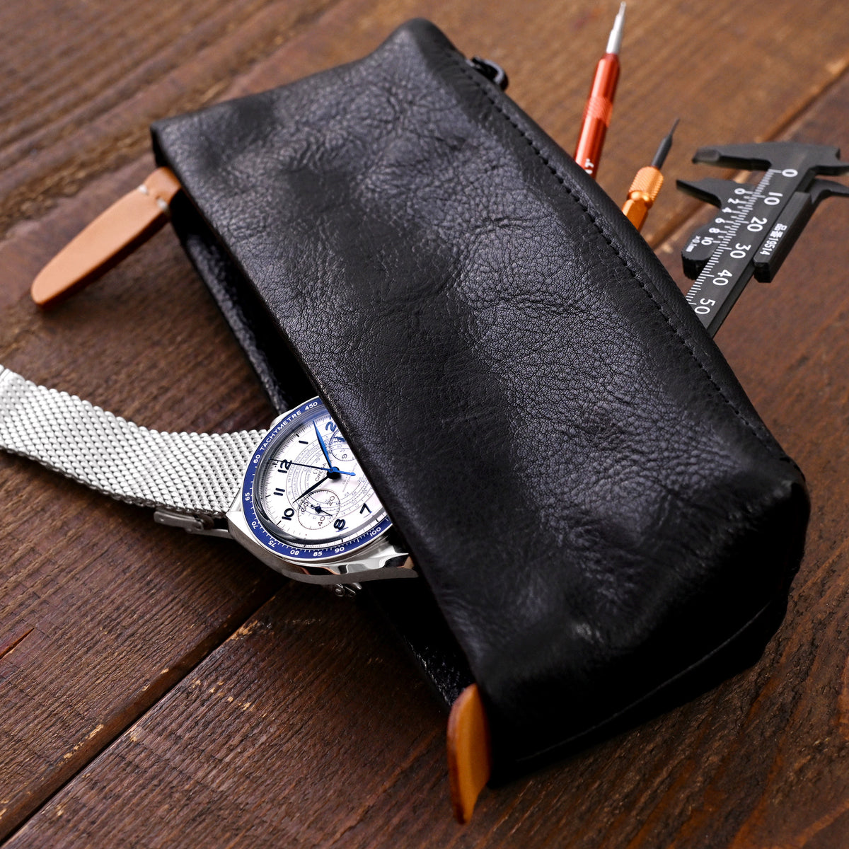 Leather Travel Watch Pouch with Zipper and Storage Compartments