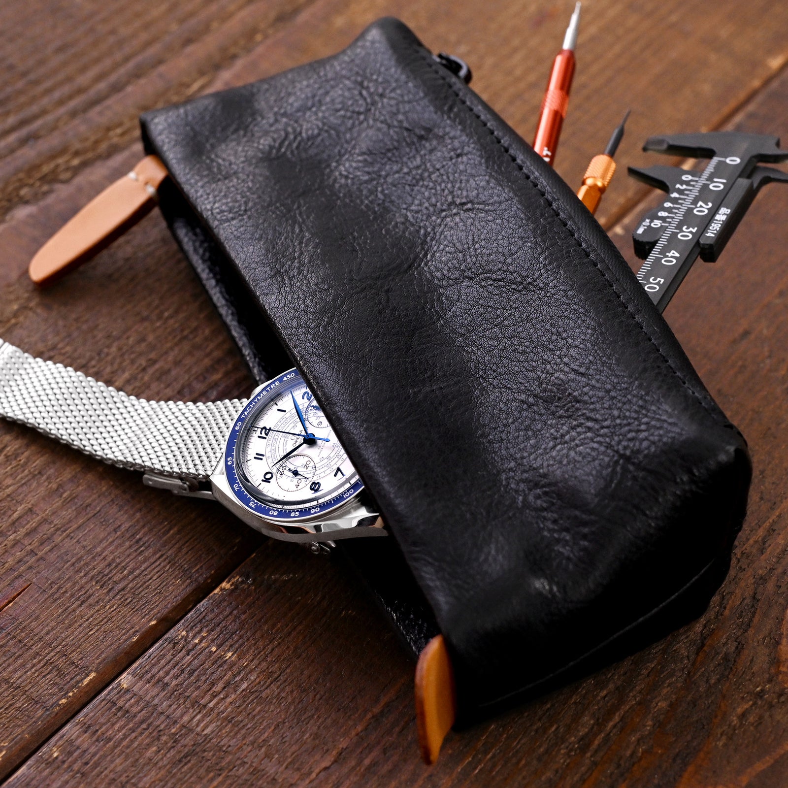 Leather Travel Watch Pouch with Zipper and Storage Compartments