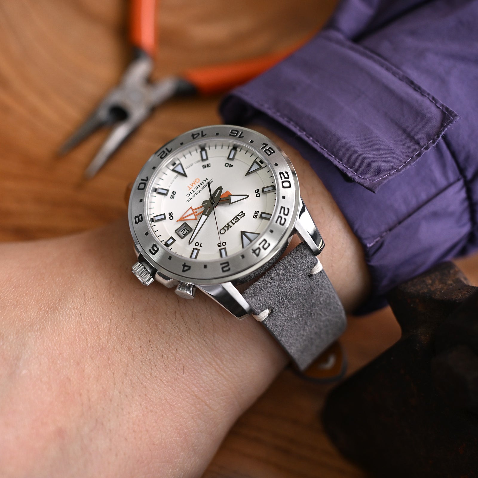 Q.R. Grey Suede watch strap 19mm to 22mm Leather Watch Band Beige Stitch. Strapcode Watch Bands