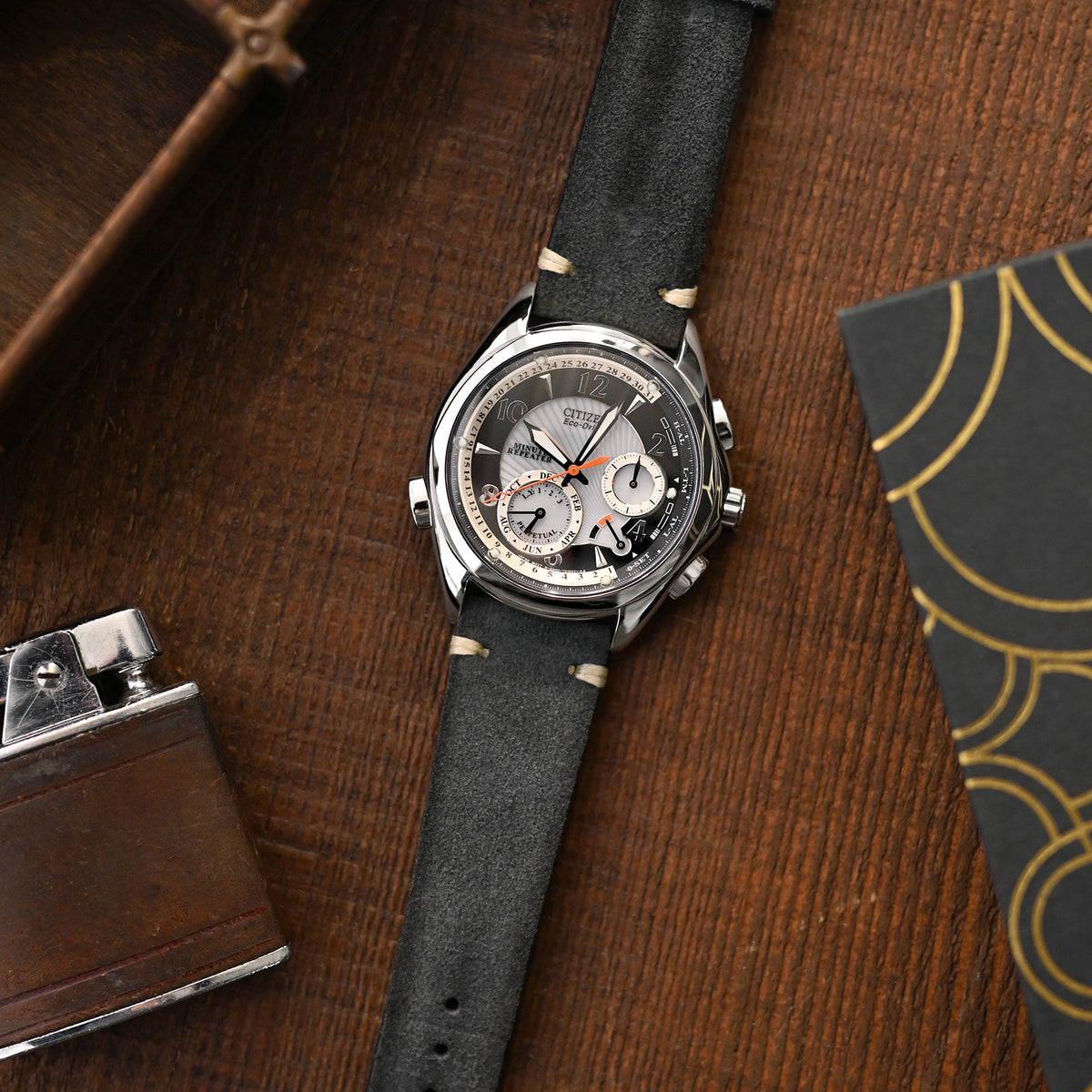 Dark Grey 20mm, 21mm, 22mm MiLTAT Quick Release Nubuck Leather Watch Strap, Beige Stitching, Sandblasted