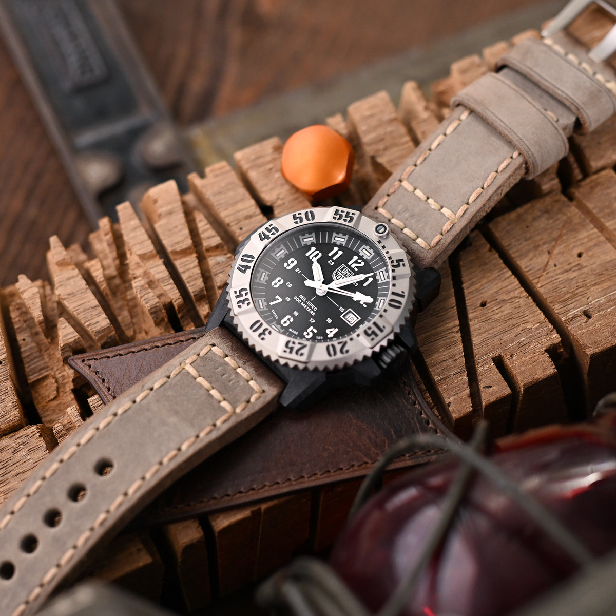 24mm MiLTAT Handmade Vintage Calf Leather Watch Band, Hand Painted Grey, Hand Stitches