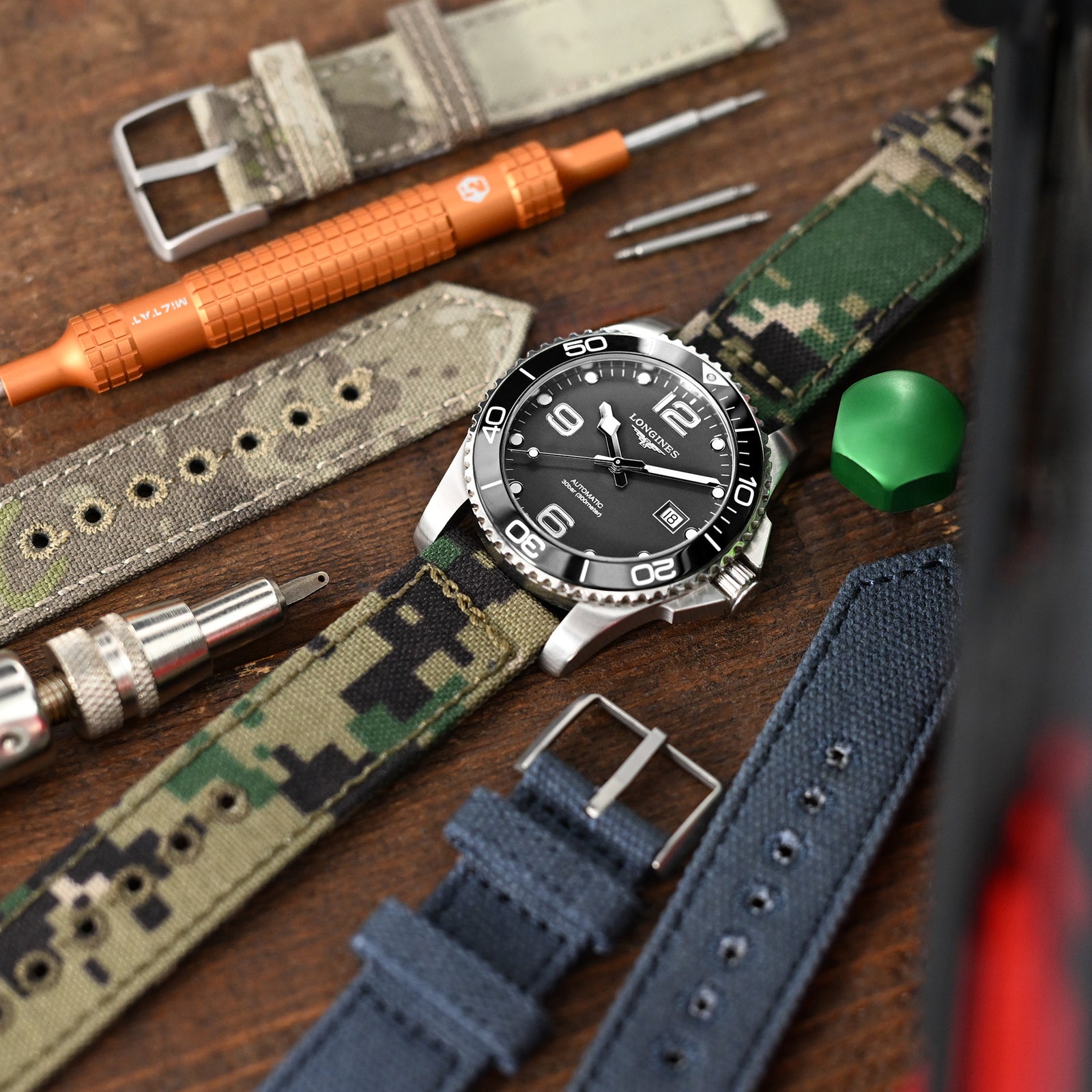 20mm 21mm or 22mm MiLTAT WW2 2-piece Woodland Camo Cordura 1000D Watch Band with lockstitch round hole PVD Black Strapcode Watch Bands