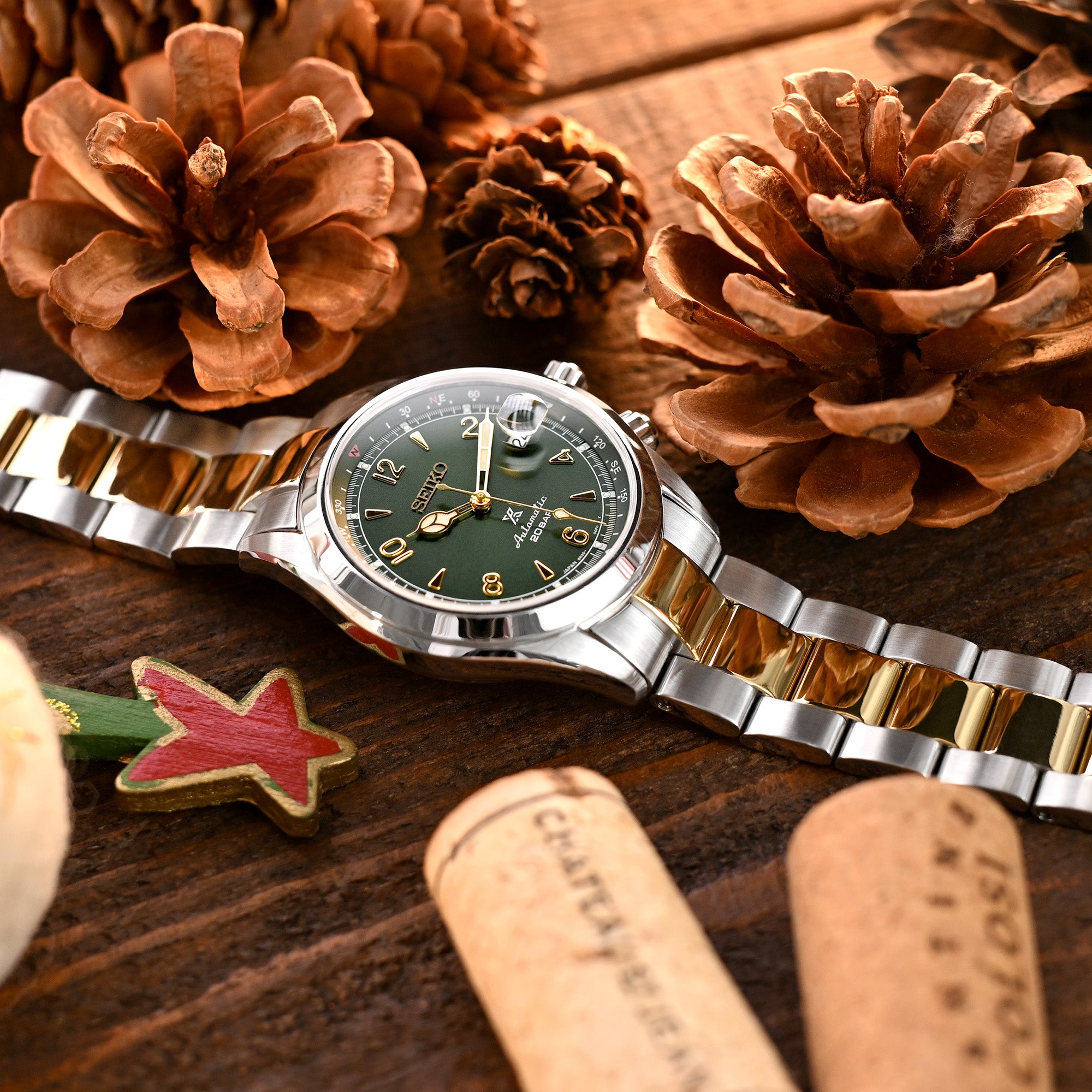 20mm Super-O Boyer Watch Band compatible with Seiko Alpinist SARB017, Two Tone IP Gold Solid SUB Clasp