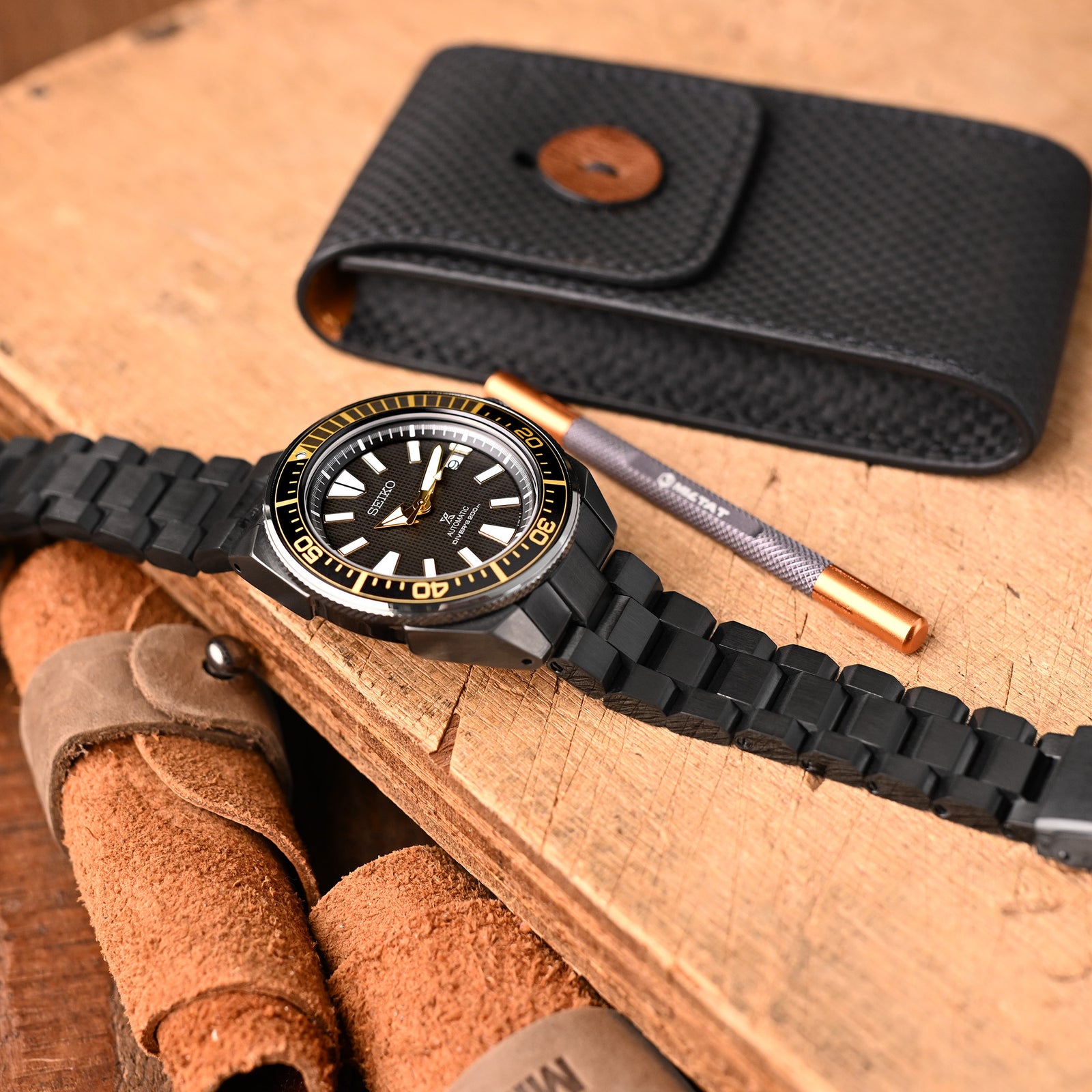 Bracelet Hexad 22mm pour Seiko Samurai SRPB51 SRPB09 SRPC93, acier inoxydable - Finition brossée (DLC) noire, boucle V Diver