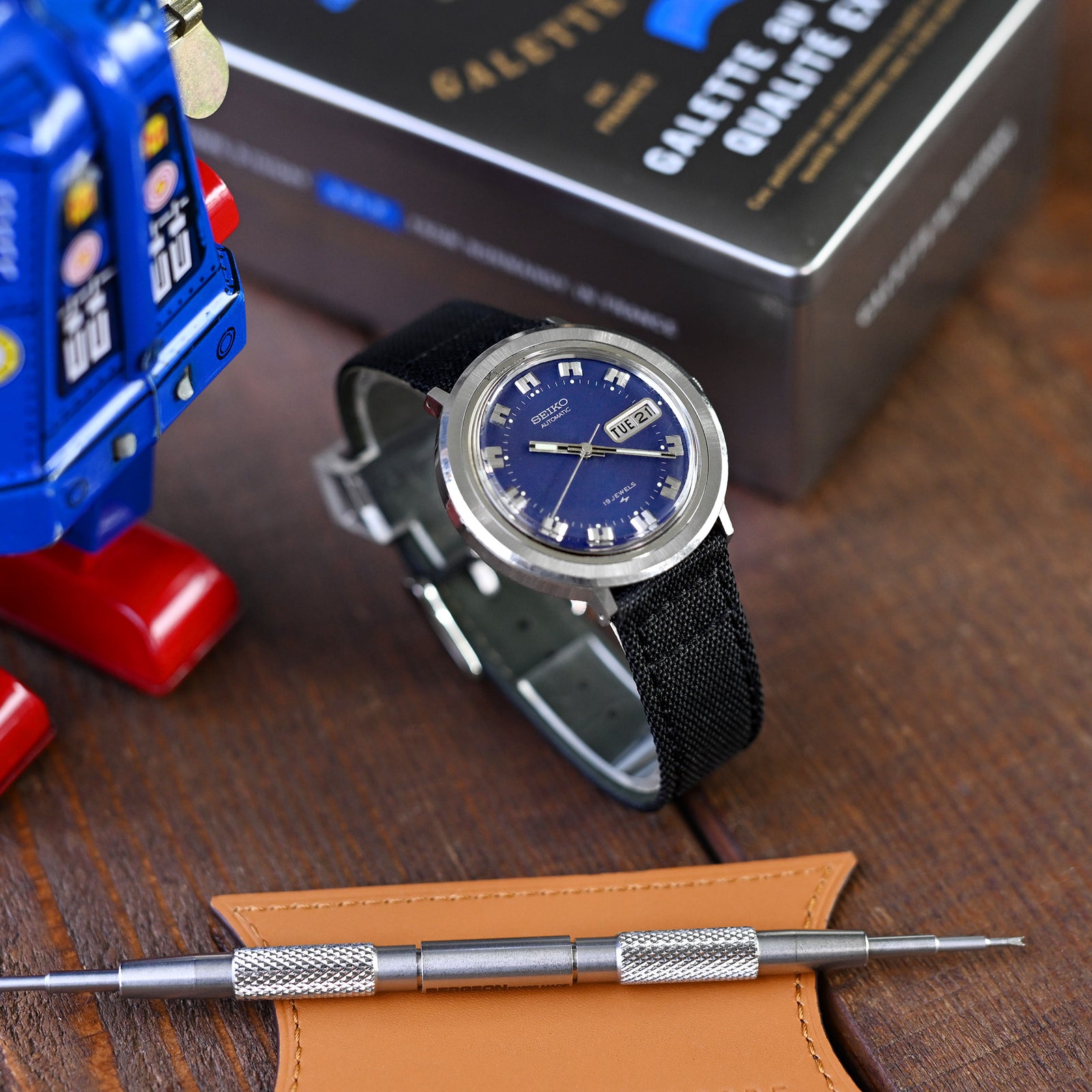 Q.R. Bracelet de montre en toile noire avec doublure en cuir, 19mm, 20mm ou 23mm