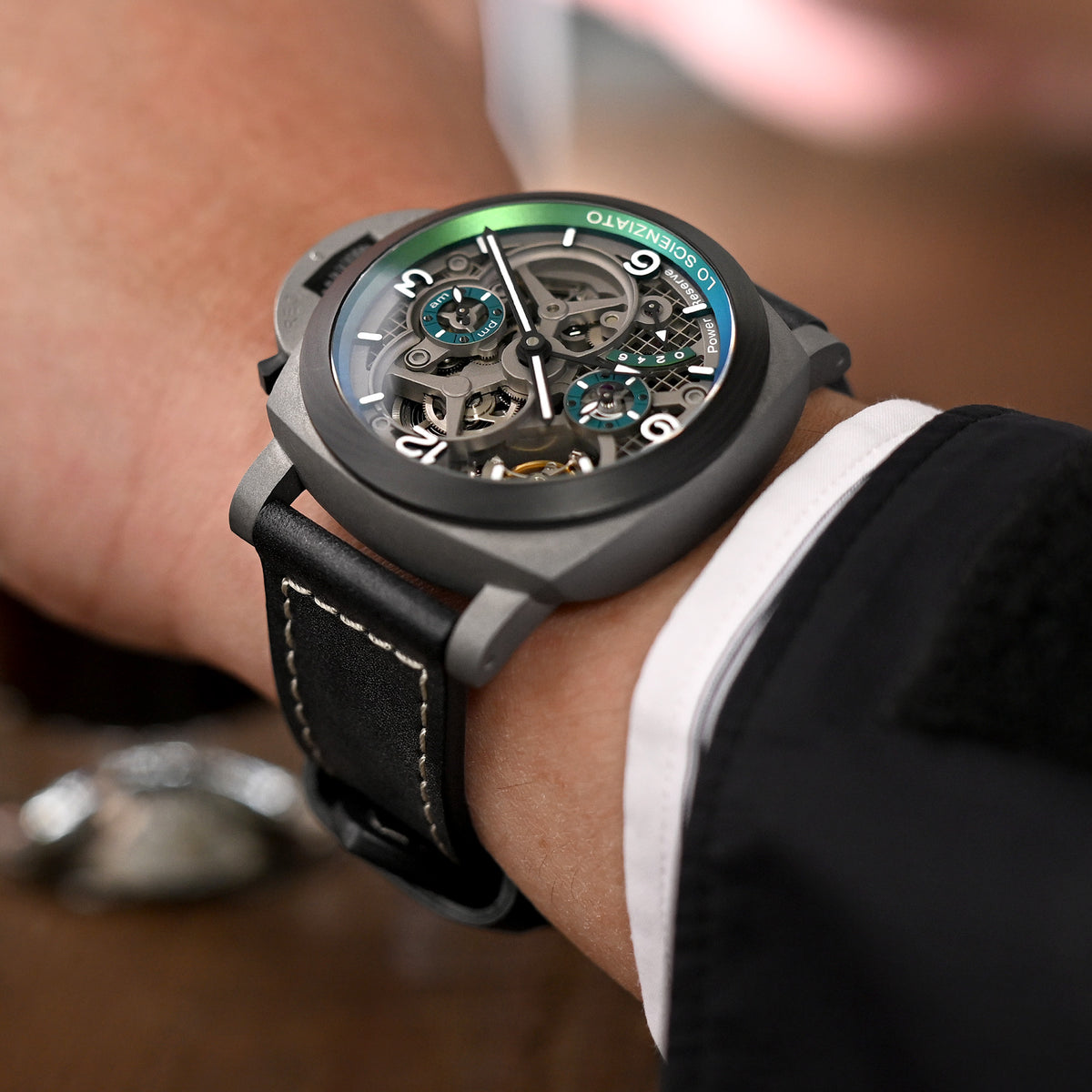 Pam Kollektion, Schwarzes französisches Barenia-Lederarmband für Panerai, beige Naht