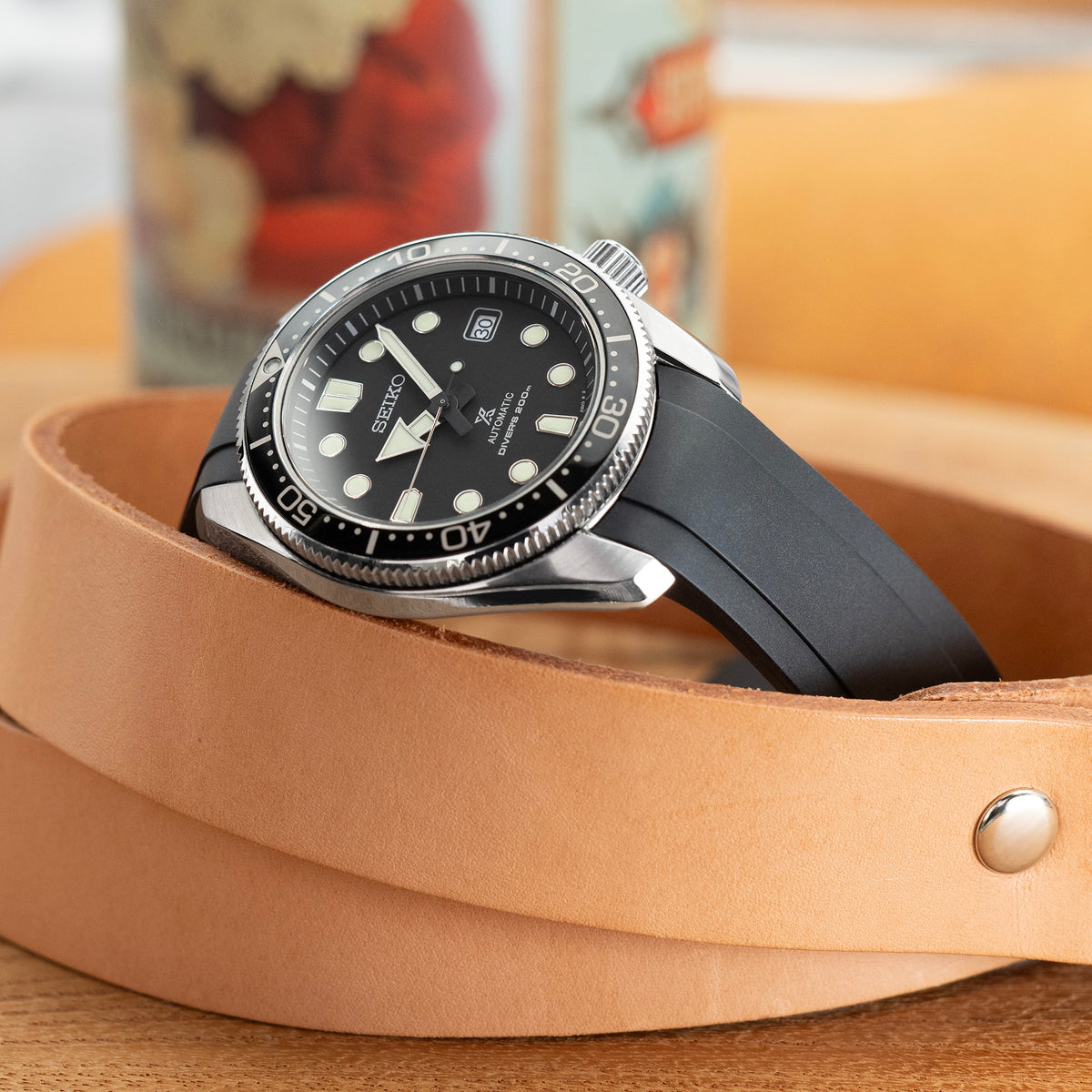 20mm Crafter Blue - Black Rubber Curved Lug Watch Strap compatible with Seiko Baby MM200 & Mini Turtles