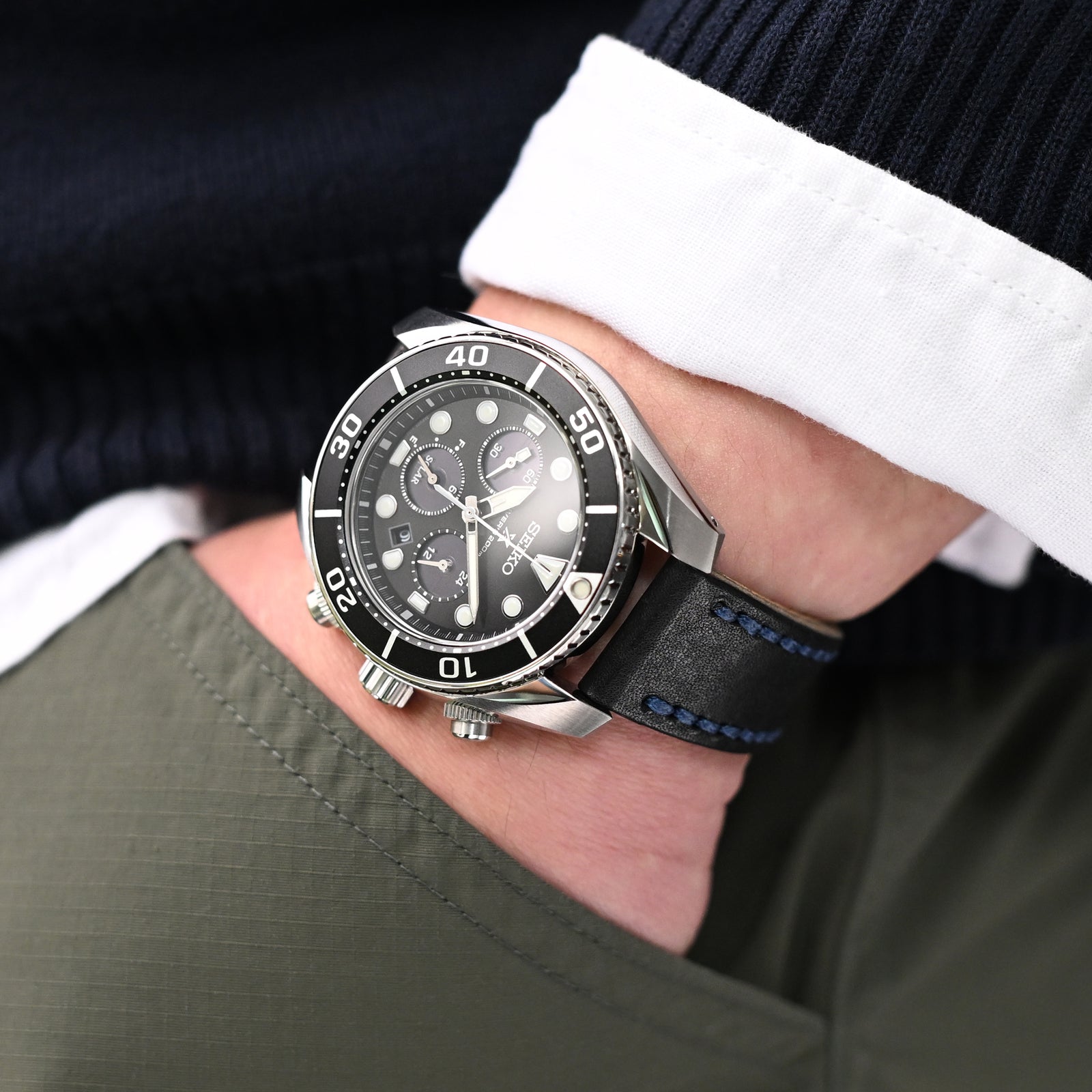 20mm Schwarzes Griffon Einteiliges Handgefertigtes Italienisches Leder-Uhrenarmband, Blaue Naht